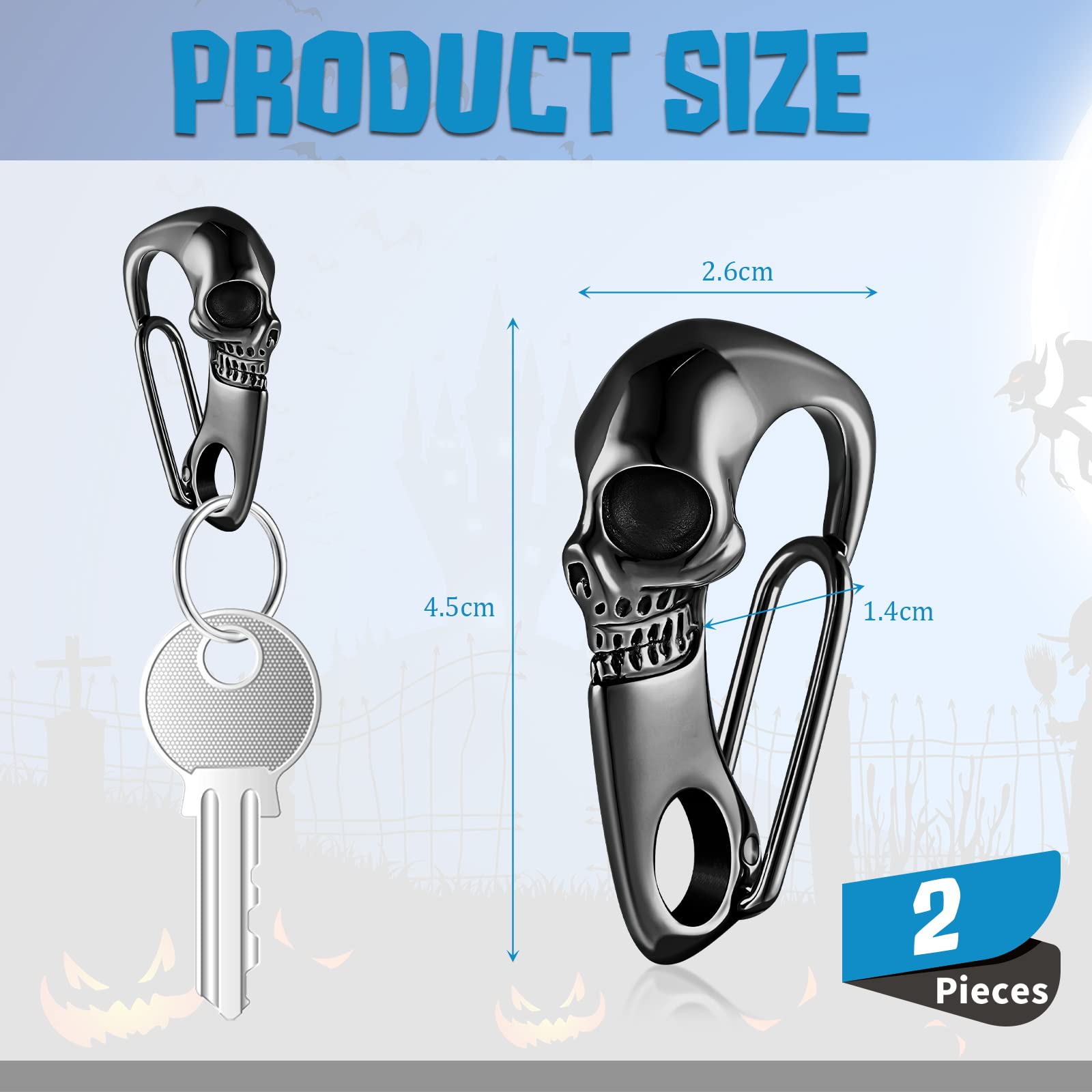 Hicarer 2 Pieces Skull Key Chain Skull Carabiner Wallet Chain For Men Heavy Metal Skull Key Ring Skull Clasp Key Buckle (Black)