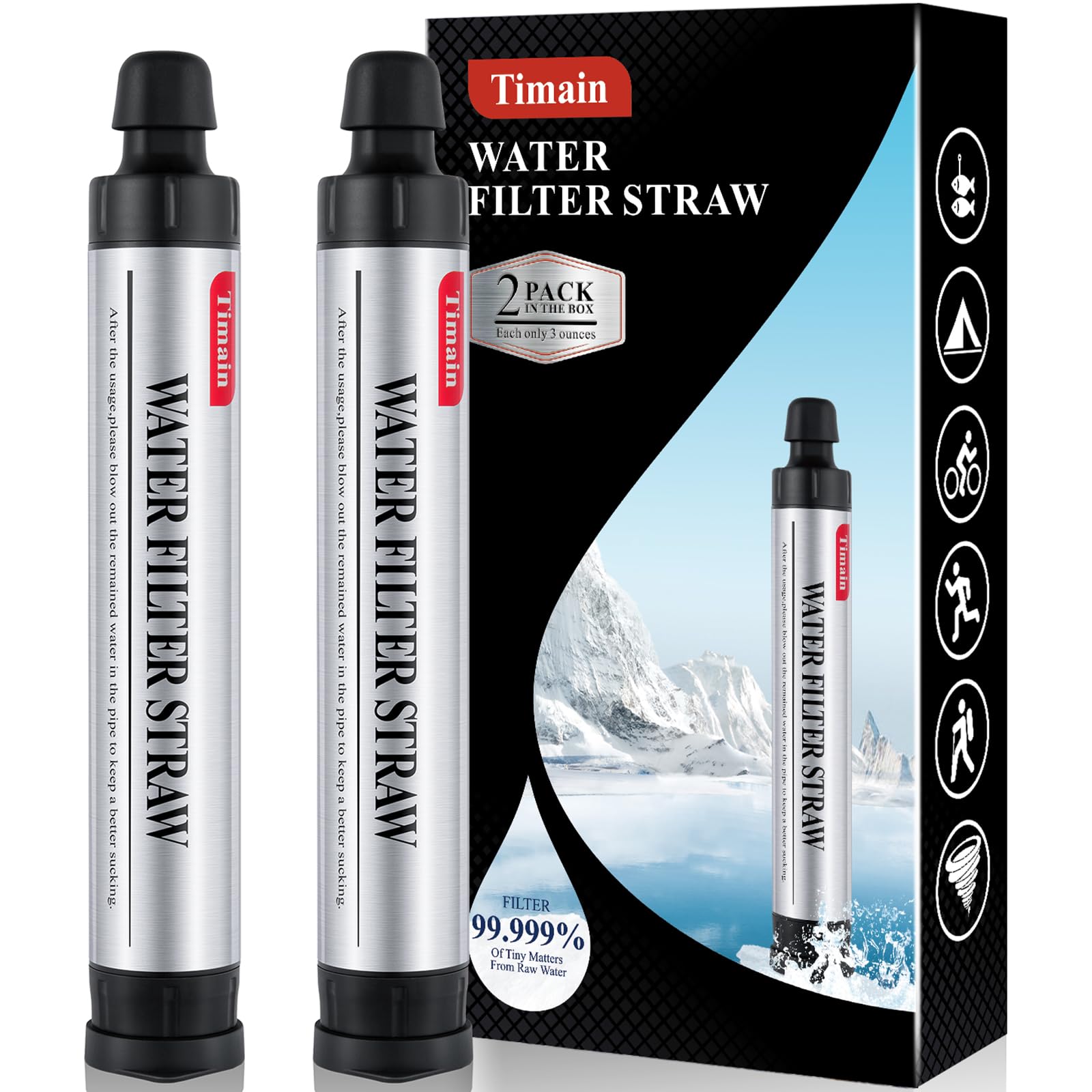 2 Pack Timain 4-Stage Filtration,High Flow Rate Water Filter Straw,Water Purifier Survival For Emergency Kits,Travel,Camping, Hi