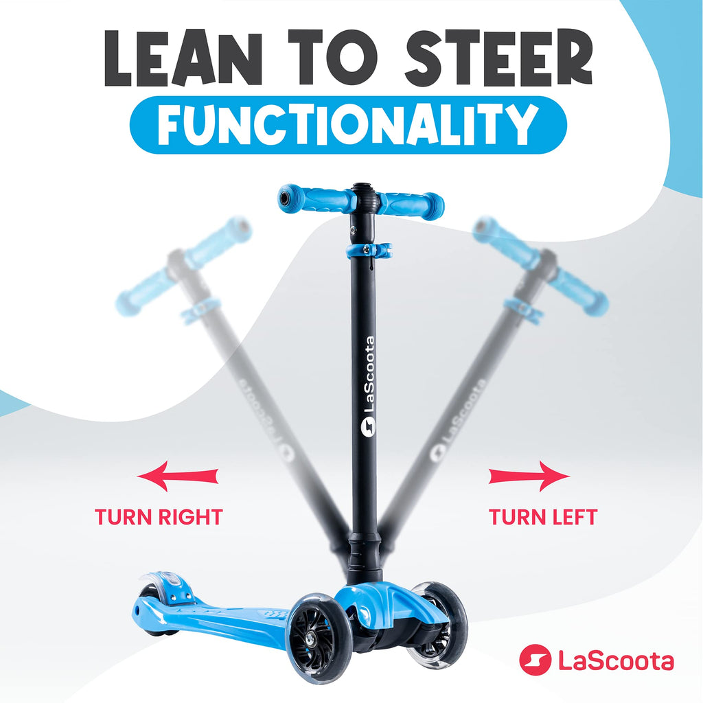 Lascoota 3-Wheel Kids Scooter - Removable Seat, Adjustable Handlebar, Light-Up Wheels & Lean-to-Steer for Toddler Scooter - Blue