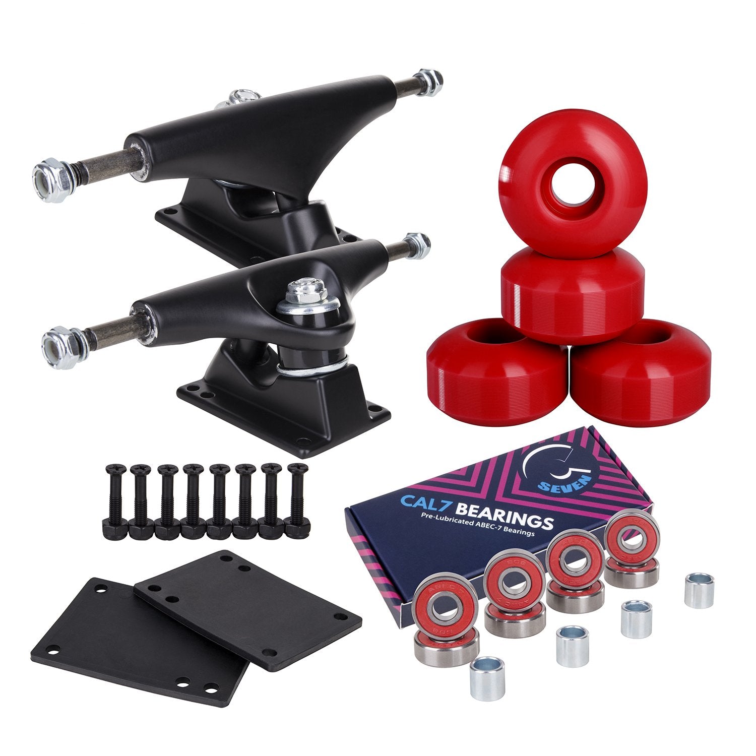 Cal 7 Skateboard Package | Complete Combo Set With 139 Millimeter / 5.25 Inch Aluminum Trucks, 52Mm 99A Wheels & Bearings (Black