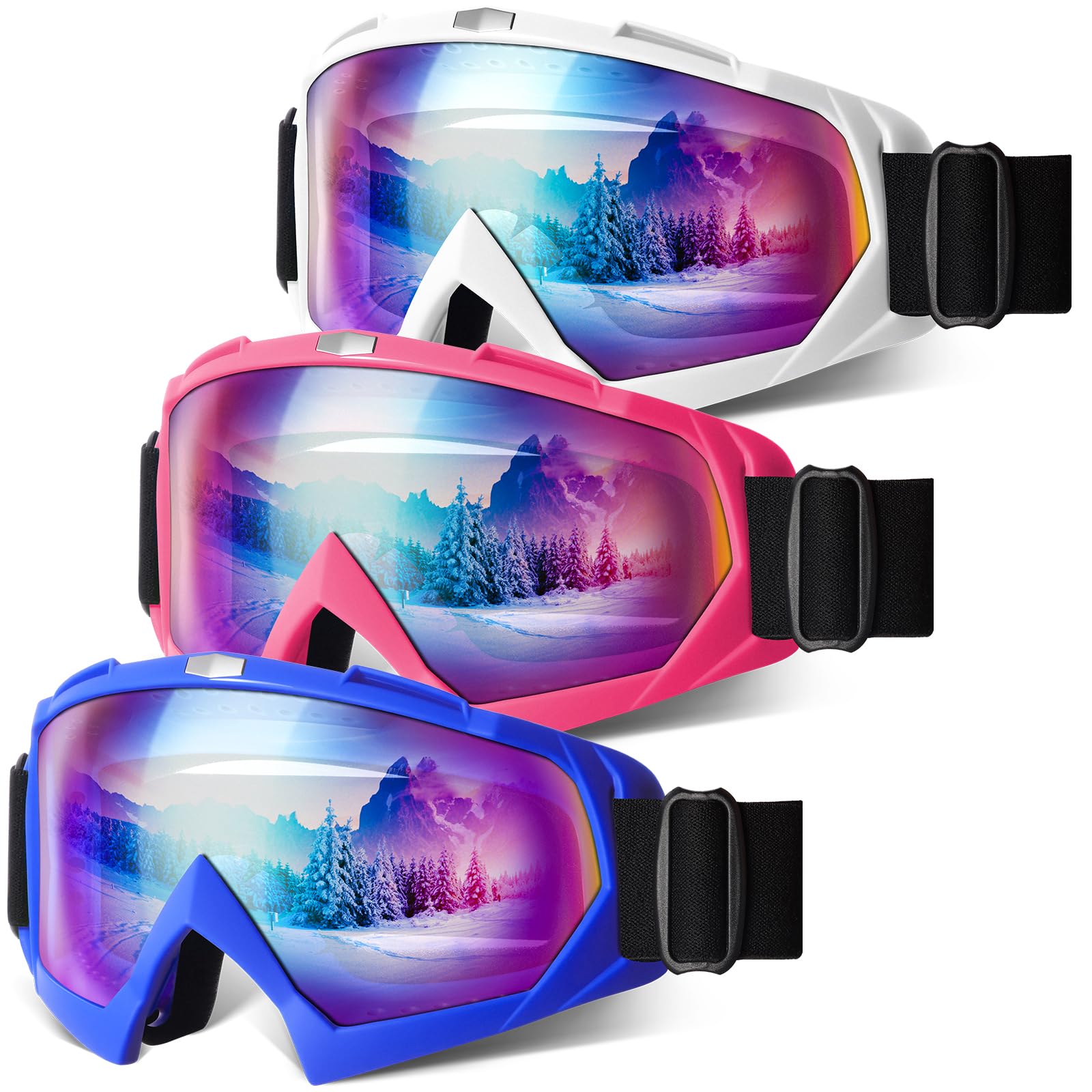 YENPK Ski Goggles, 3 Pack OTG Snowboard Goggles for Men Women & Youth, Winter Sport Anti Fog Snow Goggles - UV400 Protection