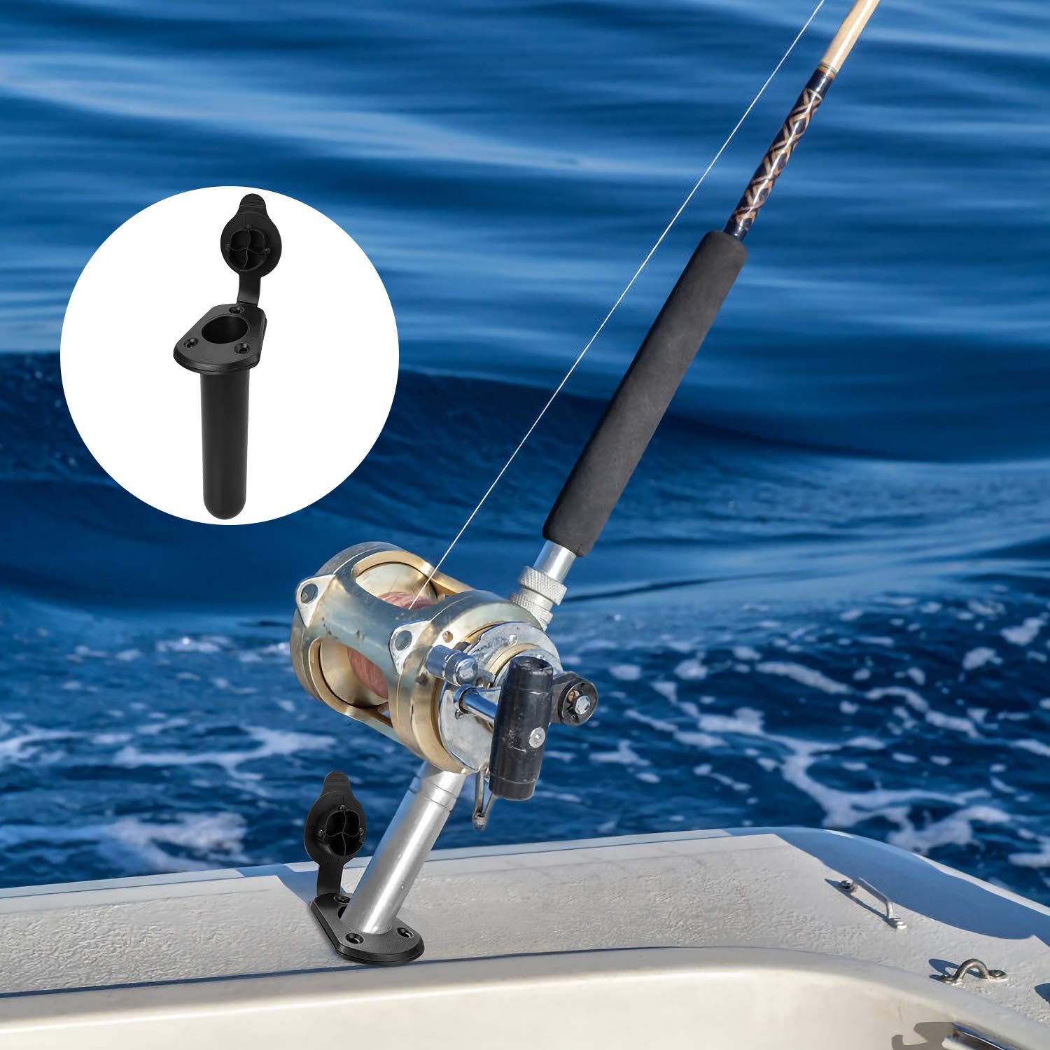 Qkurt 2 Pack Kayak Deck Fishing Boat Rod Holder And Cap Cover, Plastic Fishing Tackle Accessory Tool, Fish Boat Accessories, Bla