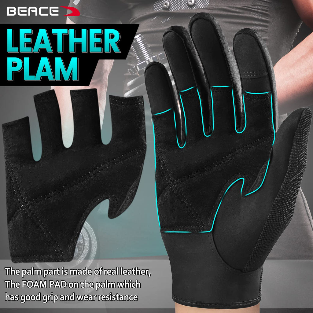 Beace Full Finger Weight Lifting Gym Gloves With Anti-Slip Leather Palm For Workout Exercise Training Fitness And Bodybuilding F