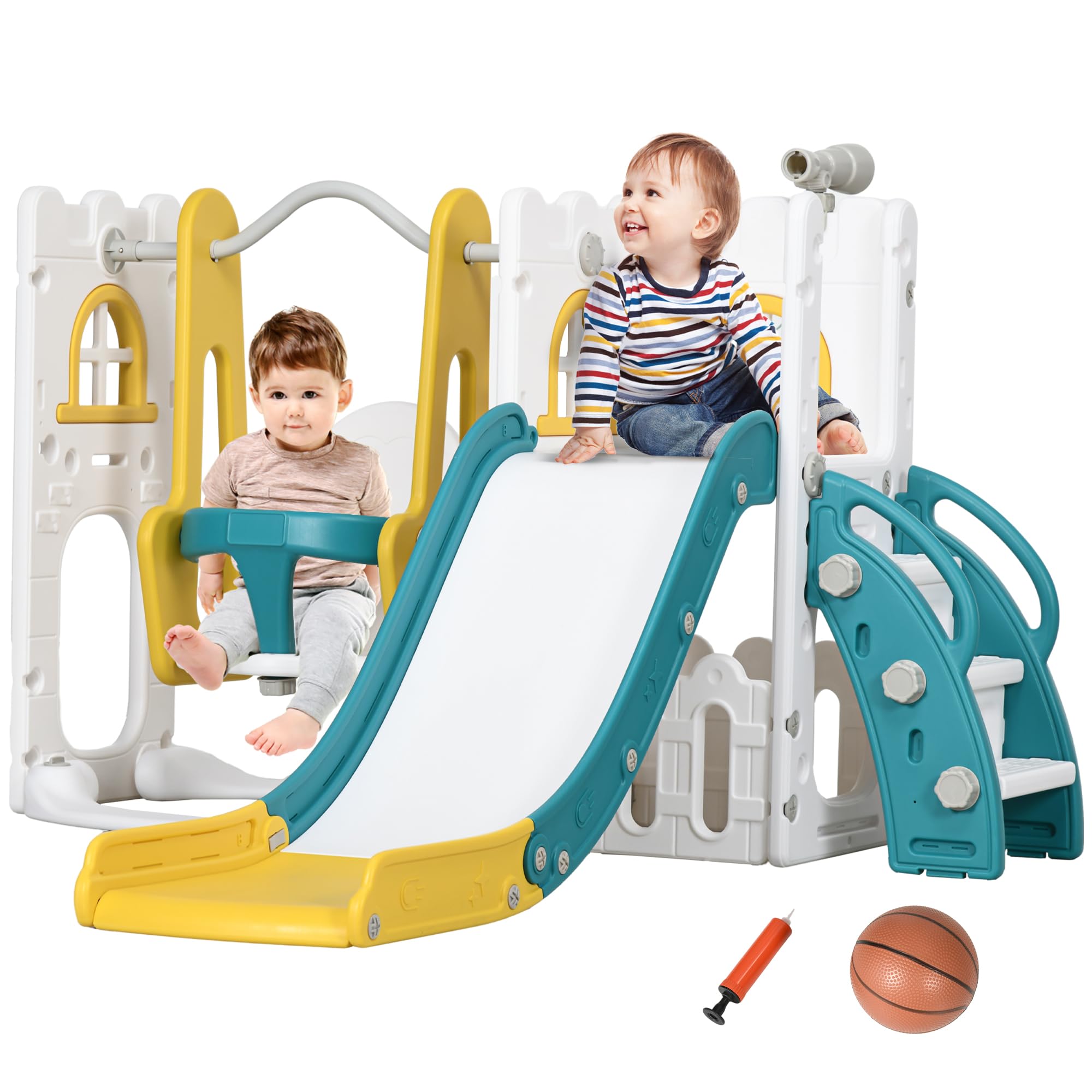 Qaba 6 in 1 Toddler Slide and Swing Set, Toddler Playground for Ages 1-3 Years with Basketball Hoop, Climber, Storage Space, Tel