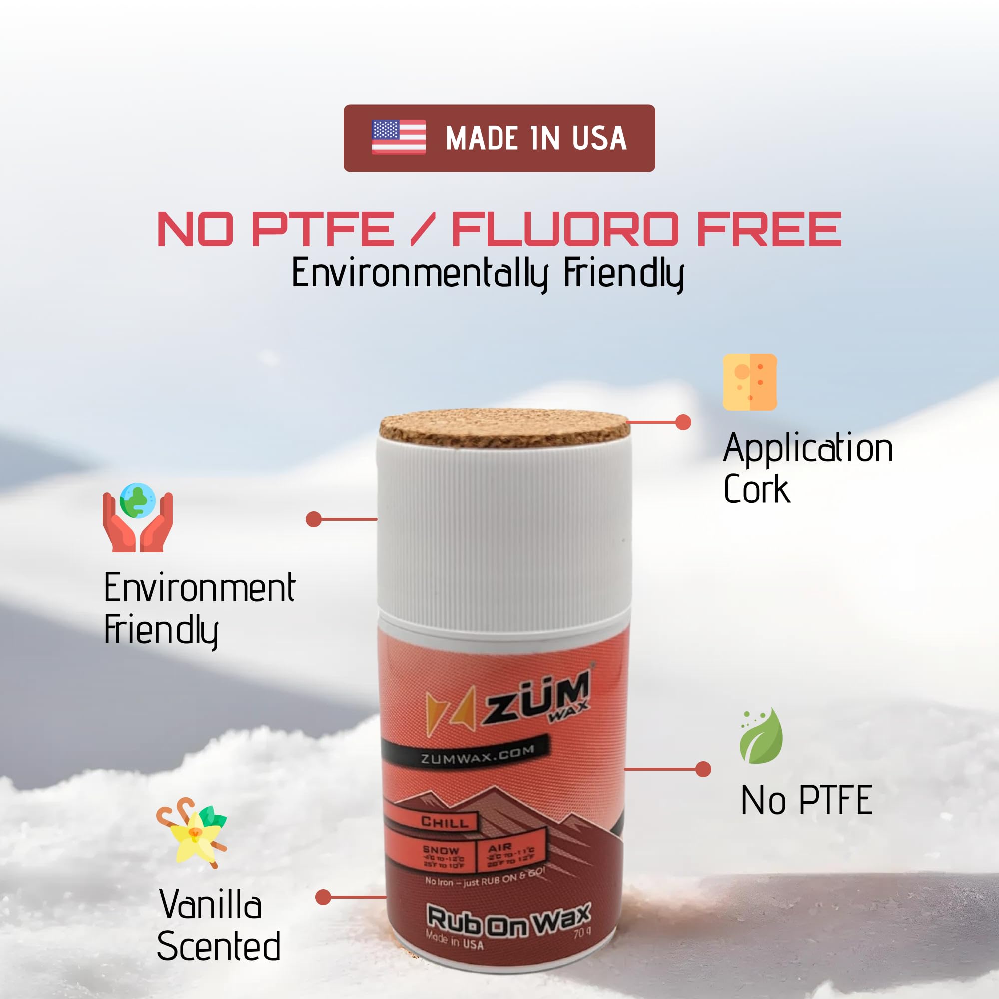 Zumwax Rub-On Ski/Snowboard/Nordic/Cross-Country Wax 70G, Chill Temperature, Easy Cork Applicator, Long-Lasting Performance, Sec