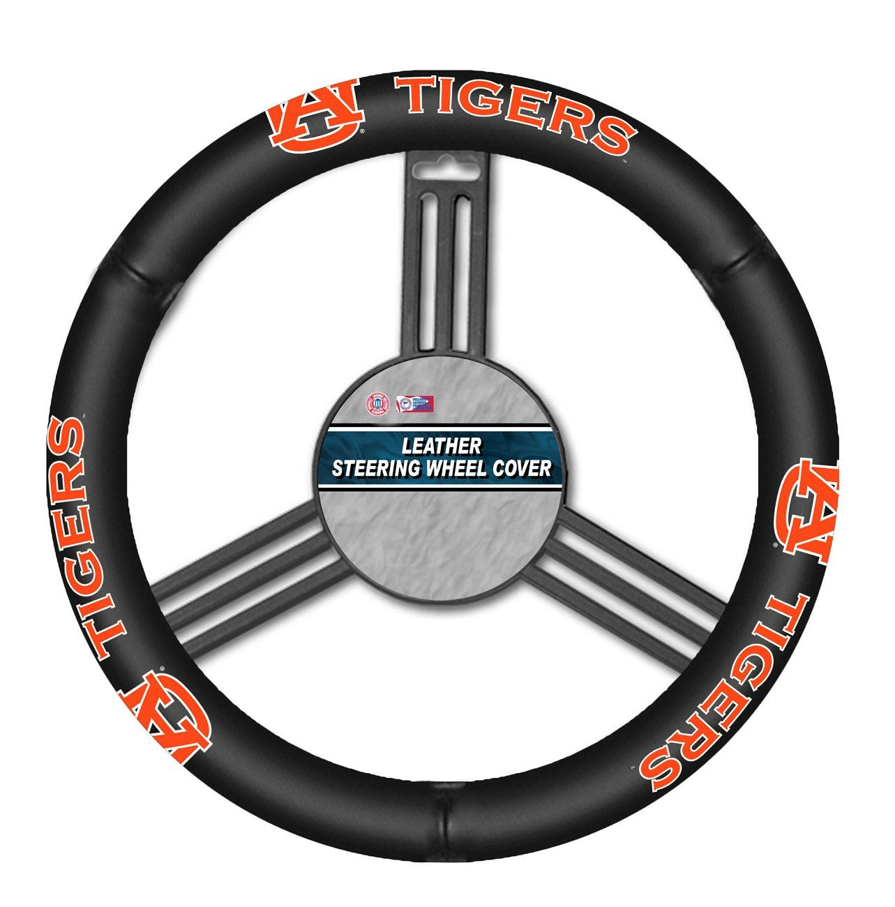 Fremont Die NCAA Auburn Tigers Leather Steering Wheel Cover, Fits Most Steering Wheels, Black/Team Colors