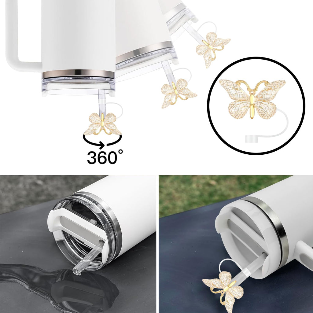 SEMATA 6PCS Cute Butterfly Straw Cover Cap for Stanley Cup Accessories,Bling Straw Toppers for Stanley Tumbler 40&30 oz,Reusable