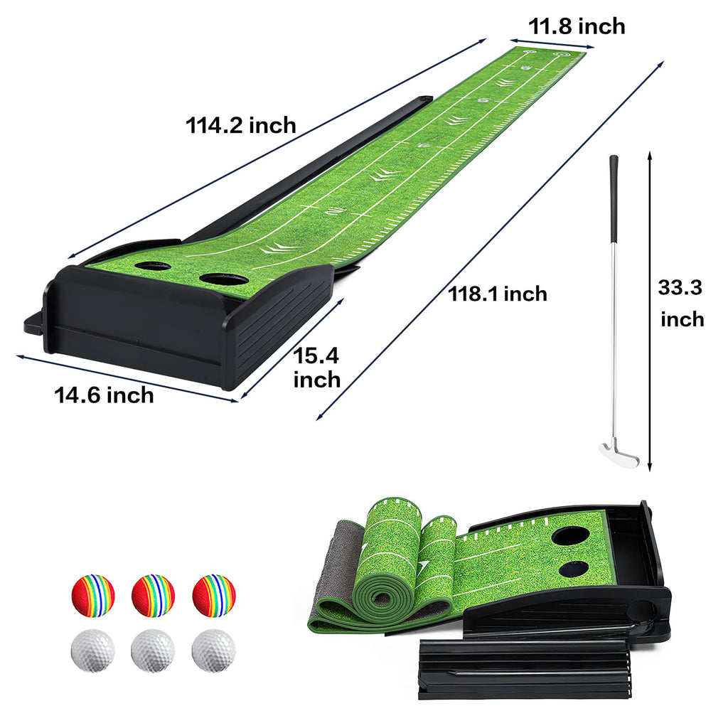 Losbenco Golf Putting Green Mat With Putter And 6 Golf Balls, Golf Putting Practice Mat Equipment With Auto Ball Return System F