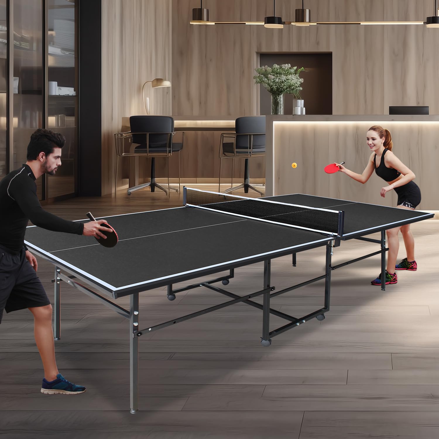 Ping Pong Table Foldable Indoor 8/8.5/9FT Single Player Playback Mode Game Set with Paddles and Balls (Black-9x4.1FT)