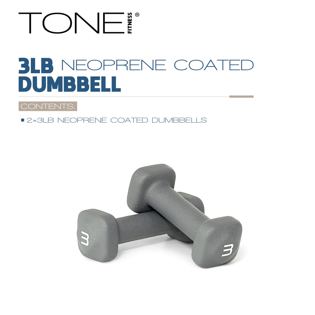 Tone Fitness 3 lb Neoprene Dumbbell Pair for Home Workouts - Non-Slip Design - Gray