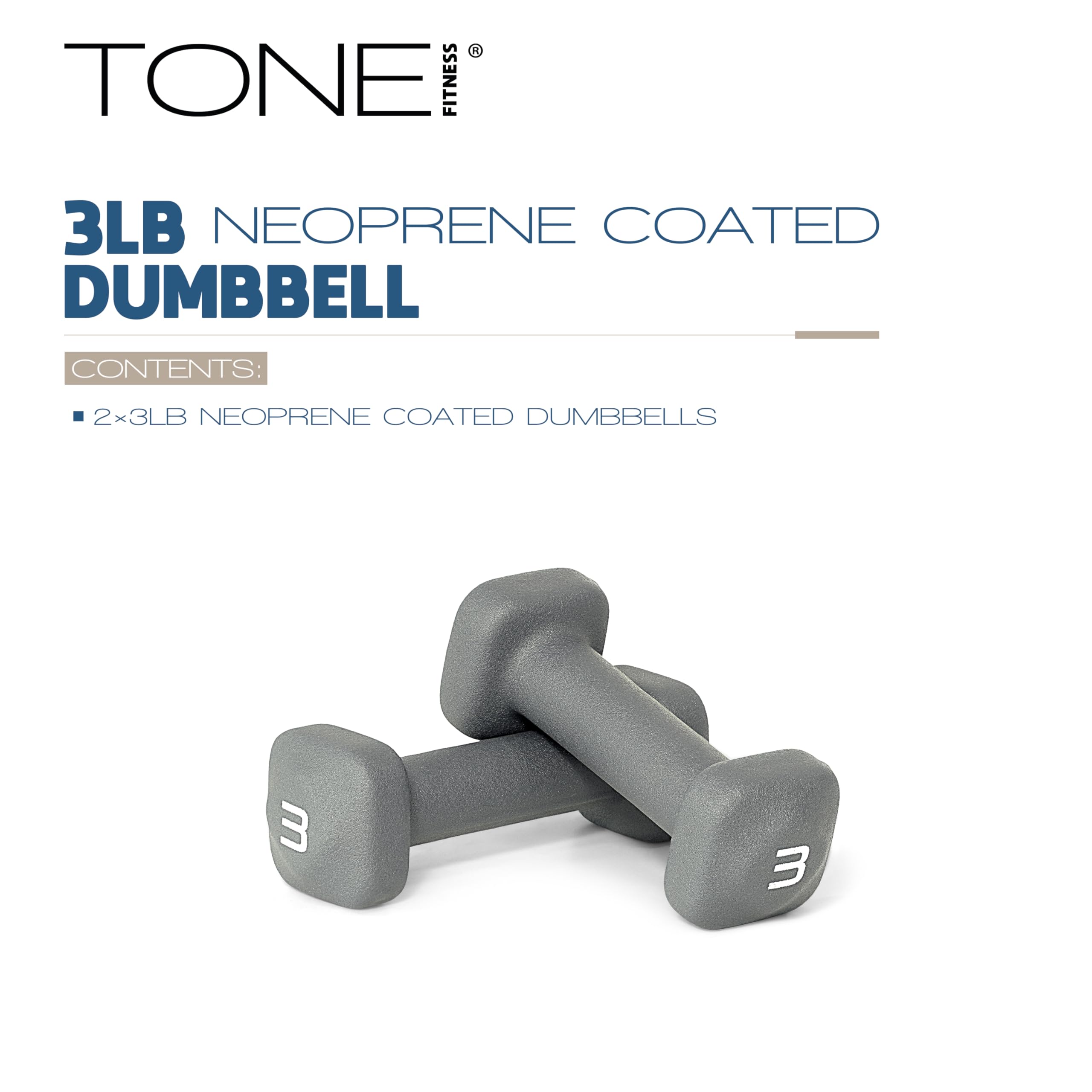 Tone Fitness 3 lb Neoprene Dumbbell Pair for Home Workouts - Non-Slip Design - Gray