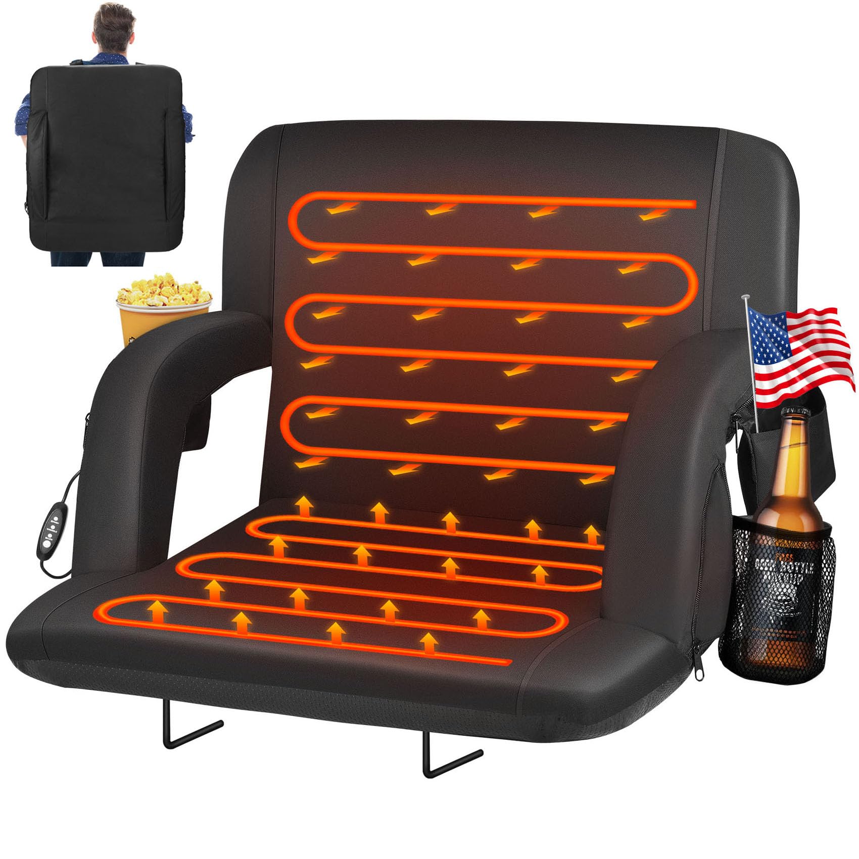 Double Heated Stadium Seats For Bleachers With Back Support And 25'' Wide Cushion, Extra Portable Bleacher Seat Foldable Stadium