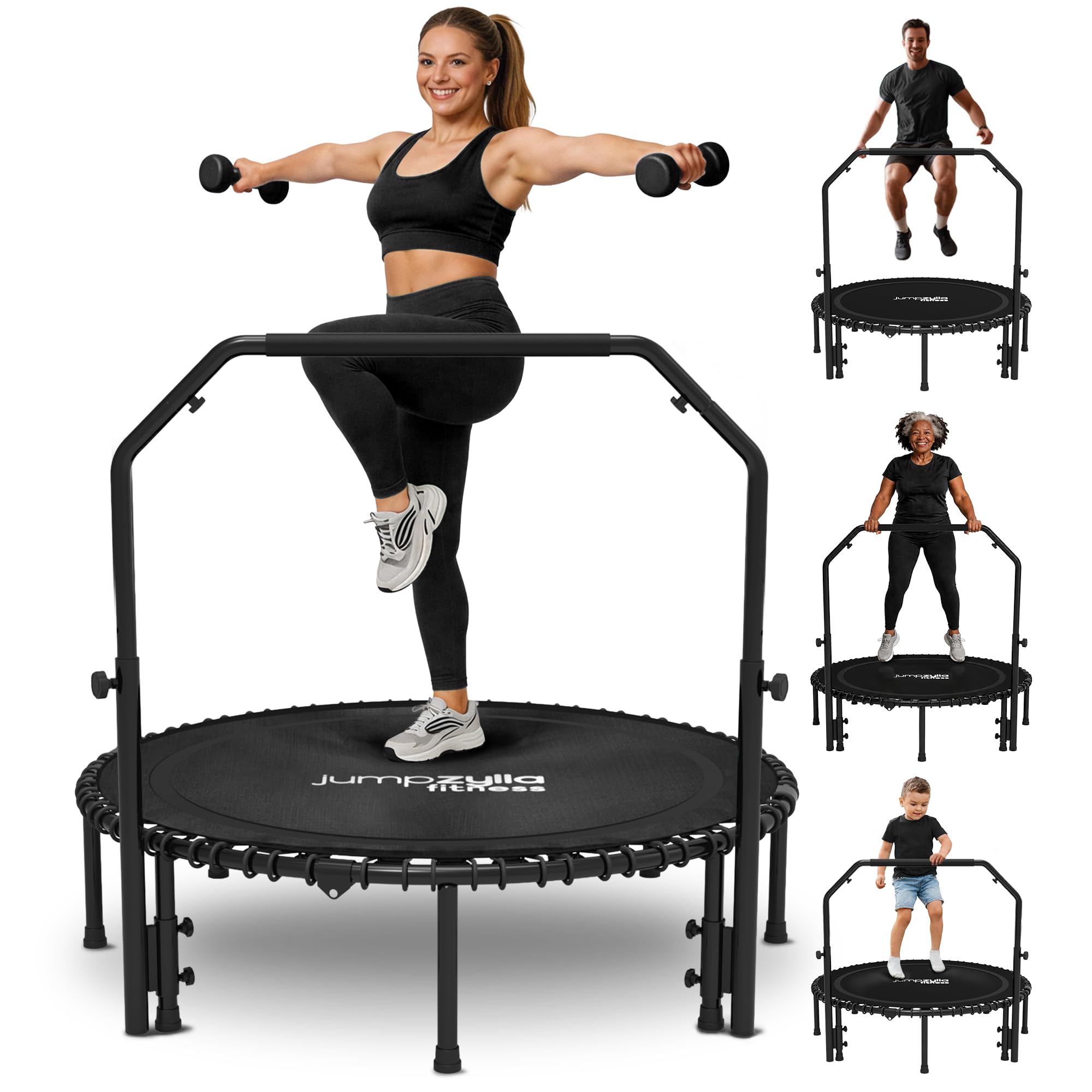 Fitness Rebounder Trampoline for Adults with Bar and Elastic Bands, 450/550 lbs Mini Trampoline for Adults, Exercise Trampolines