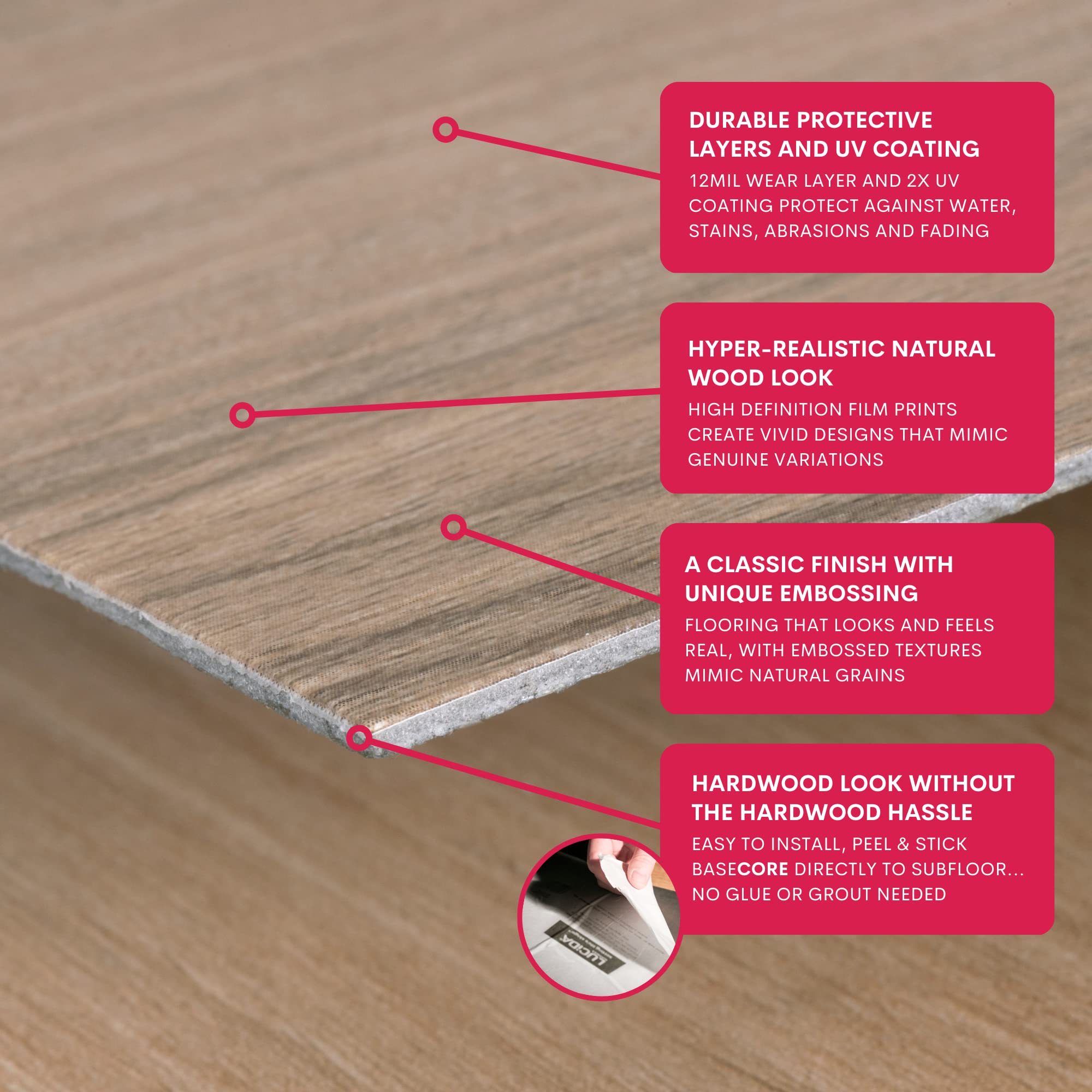 Lucida Surfaces Luxury Vinyl Flooring Tiles-Peel And Stick Floor Tile For Diy Installation-36 Wood-Look Planks-Honey-Basecore-54