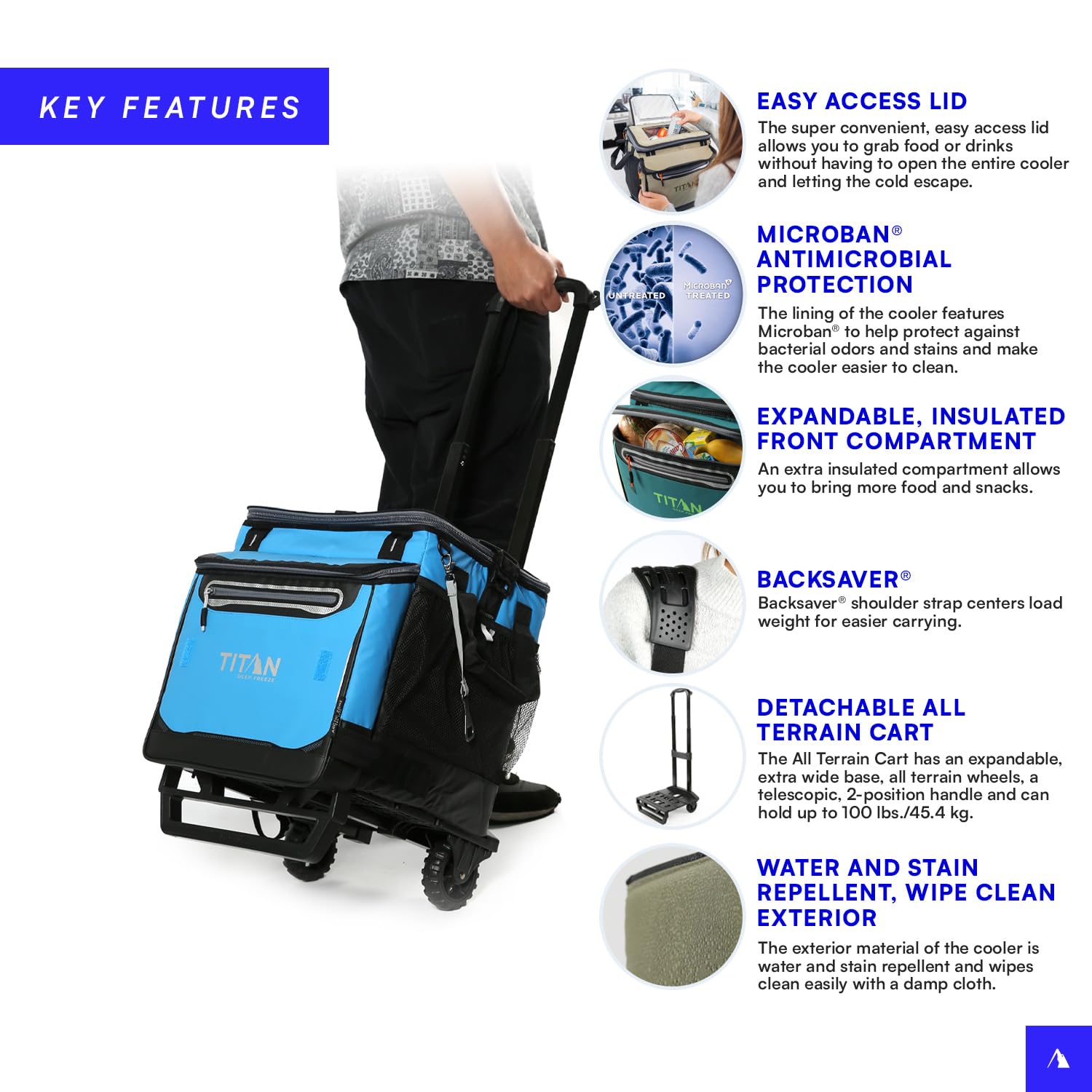 Arctic Zone Titan Deep Freeze 60 (50+10) Can Collapsible Rolling Cooler With Wheels And All-Terrain Cart, Process Blue