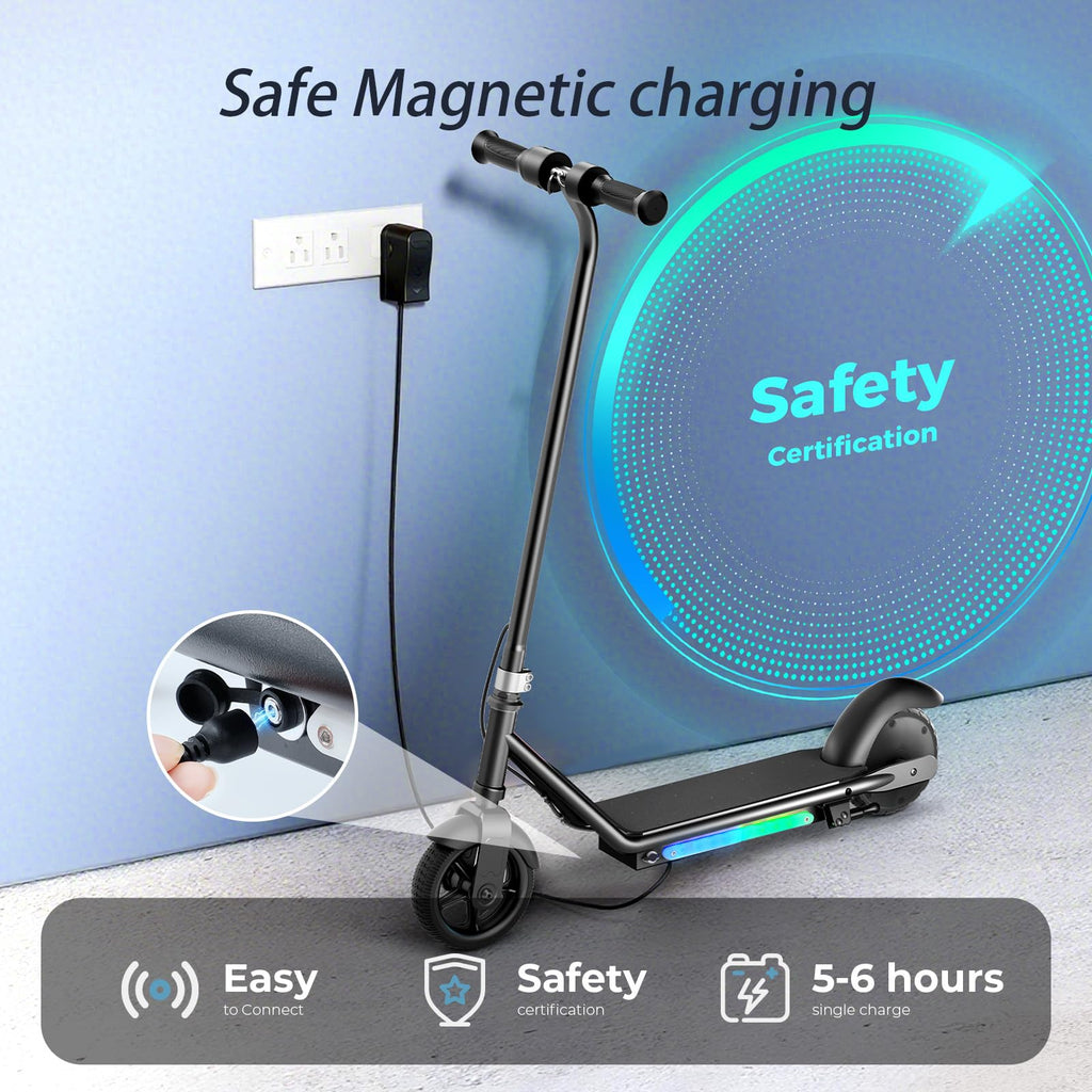 Electric Scooter for Kids 6-14 Years Old, 3 Safe Speeds (3/6/10 MPH), Colorful Lights, Magnetic Charging, Dual Brake System, Ide