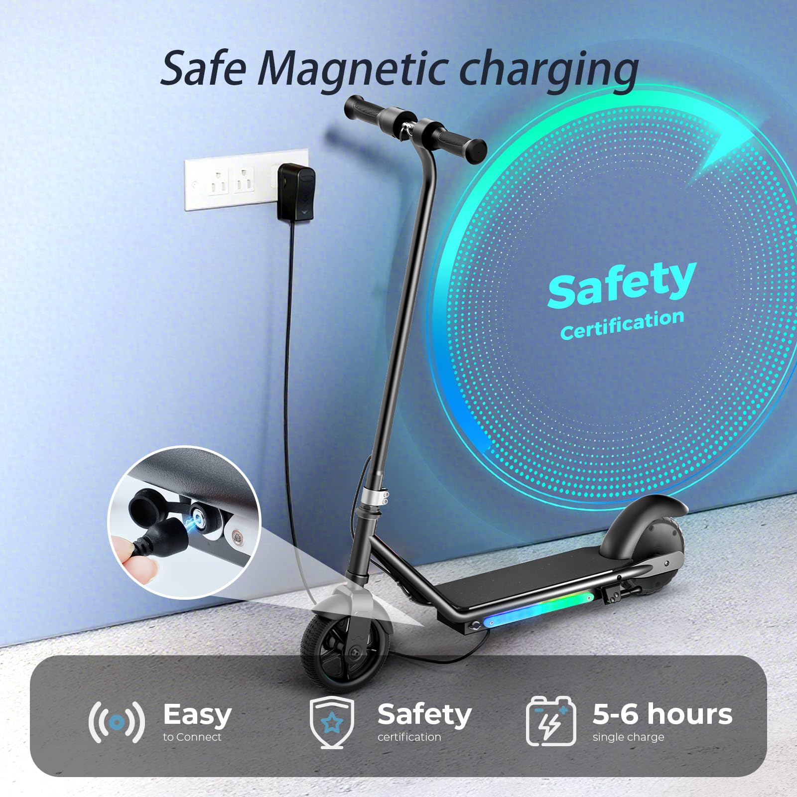 Electric Scooter for Kids 6-14 Years Old, 3 Safe Speeds (3/6/10 MPH), Colorful Lights, Magnetic Charging, Dual Brake System, Ide