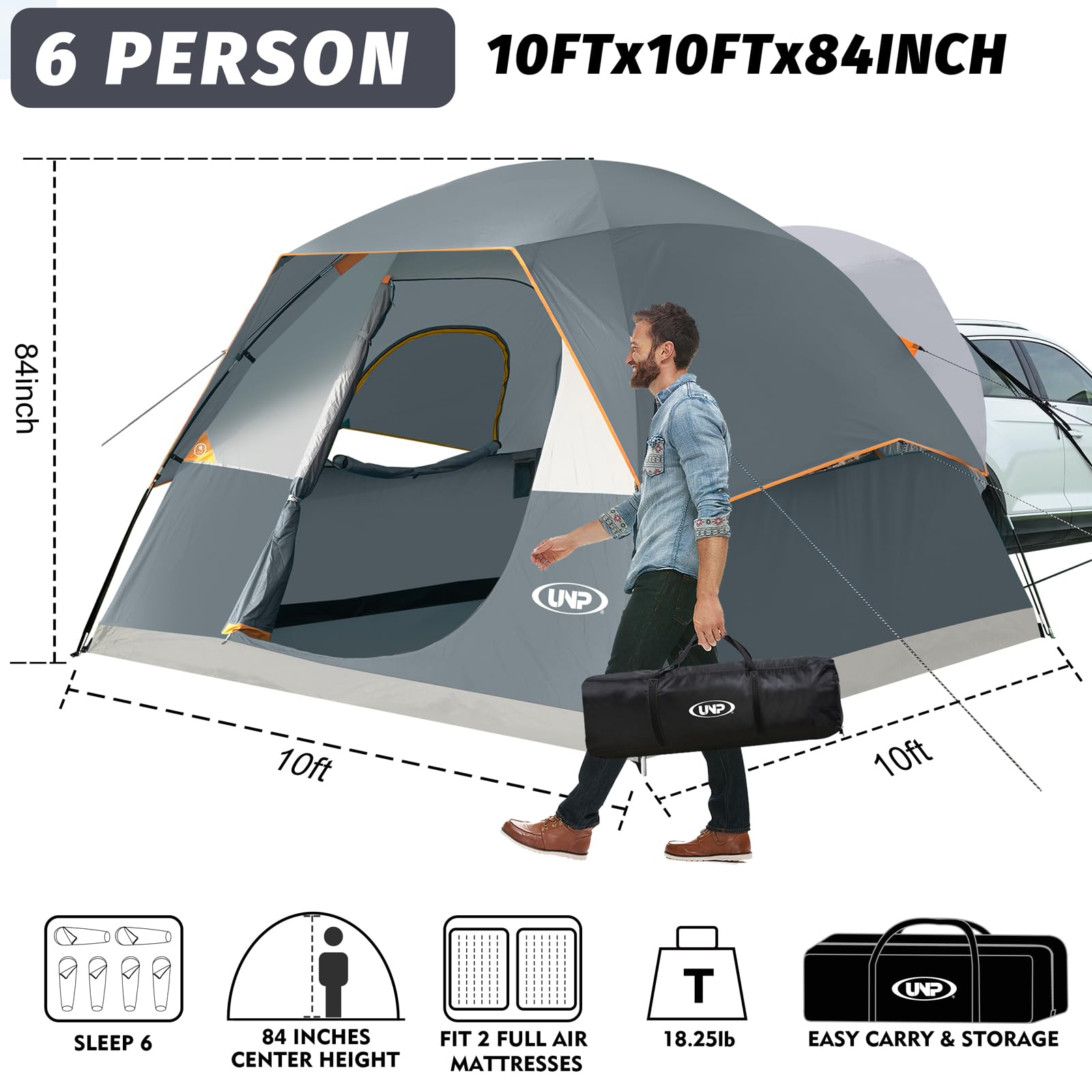 Unp Suv Dome Tent For Camping, Outdoor 6 Person Car Camping Tent, Easy Set Up Suv Tailgate Tent With Rainfly 10' X 10' Vehicle C