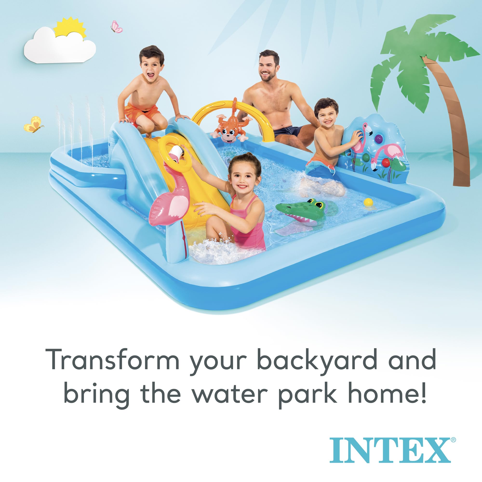 Intex 96 X 78 X 28 Ft Inflatable Jungle Adventure Play Center Spray Kiddie Pool & Small Plastic Multi-Colored Fun Ballz For Ball
