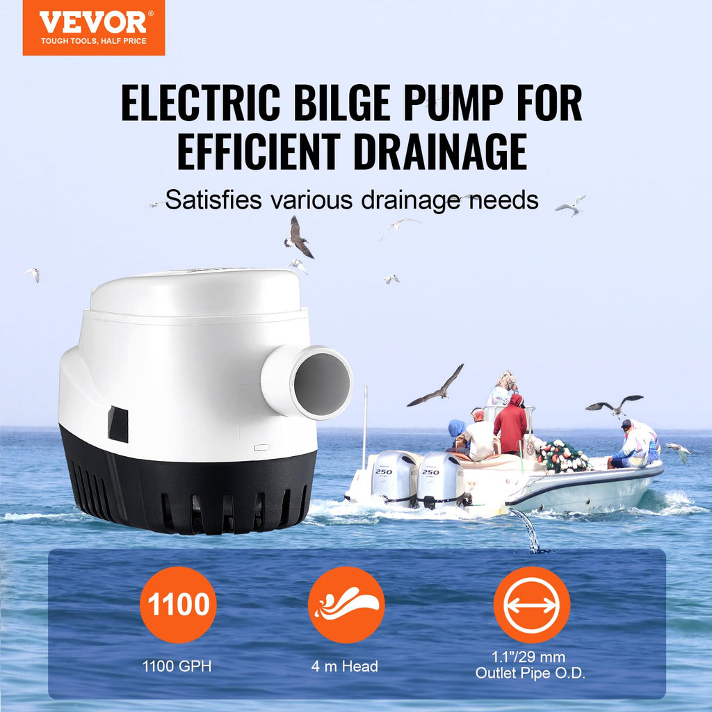 Vevor Bilge Pump, 1100Gph 12V Automatic Submersible Boat Bilge Water Pump With Float Switch, 1.1'' Outlet Diameter, Small Boat B