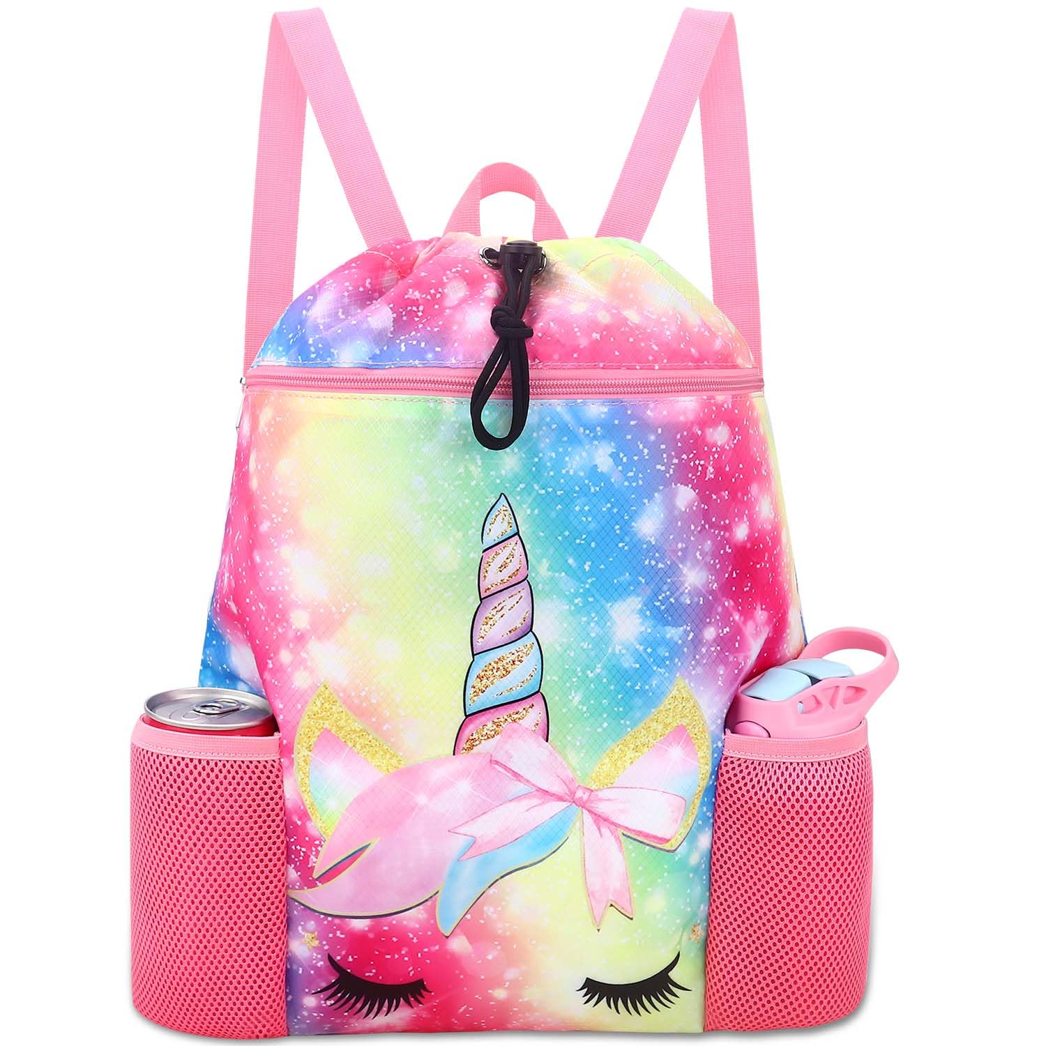RHCPFOVR Unicorn Drawstring Backpack for Kids - Drawstring Bags for Girls Swim Bag for Beach Swimming Pool Lightweight Draw Stri