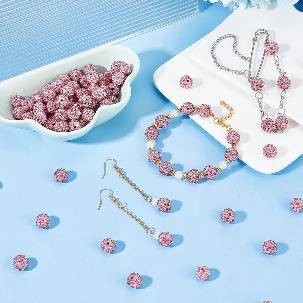 Ph Pandahall 10Mm Pink Rhinestones Beads 100Pcs Pave Disco Ball Clay Beads Polymer Clay Crystal Beads Round Craft Beads For Frie