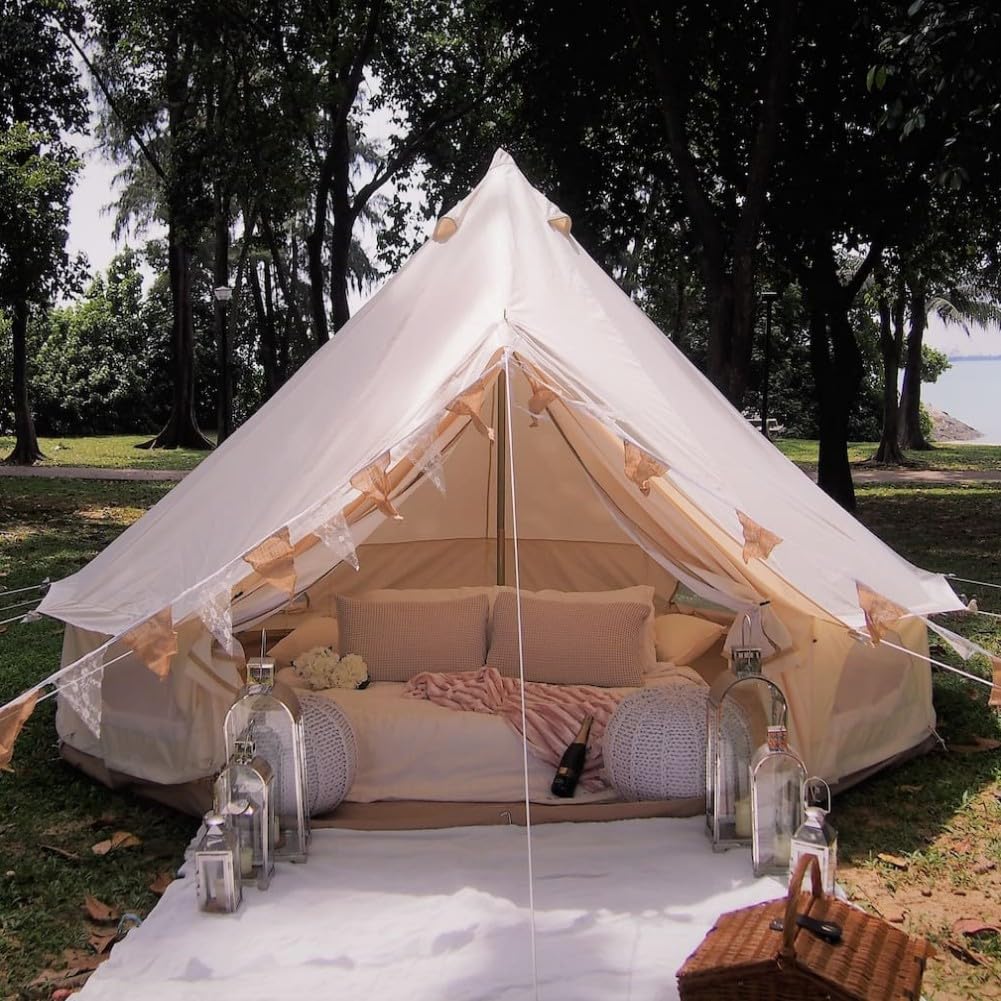 Latourreg Outdoor Luxury Waterproof 3M/4M/5M/6M Oxford Bell Tent With Zipped Detachable Groundsheet (White Oxford Cloth, 4M Bell