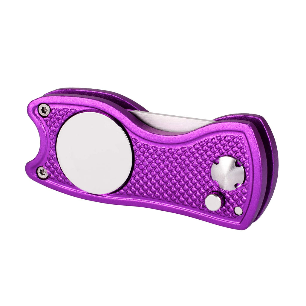 Mile High Life All Metal Foldable Golf Divot Tool With Pop-Up Button & Magnetic Ball Marker (Purple Fish)