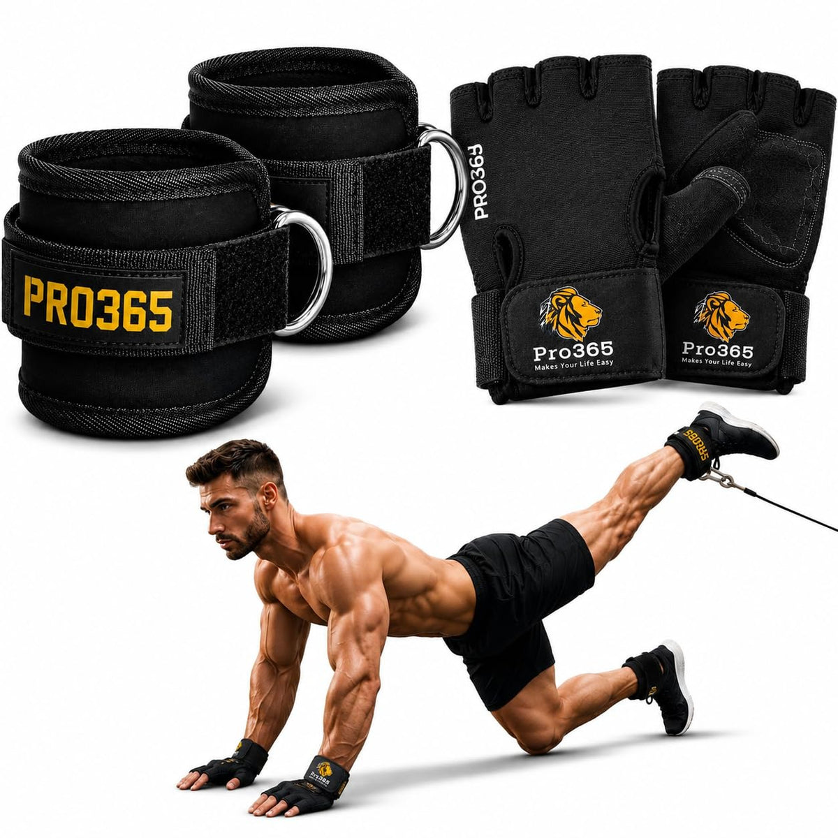 PRO365 Ankle Straps for Cable Machine & Gym Gloves Combo, Adjustable Padded Ankle Cuffs with DRing, Fingerless Workout Gloves w