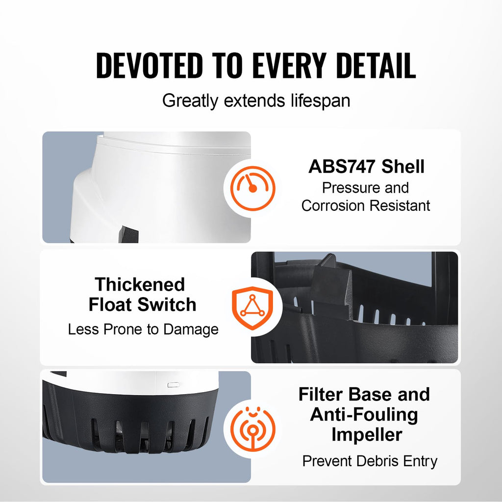 Vevor Bilge Pump, 1100Gph 12V Automatic Submersible Boat Bilge Water Pump With Float Switch, 1.1'' Outlet Diameter, Small Boat B