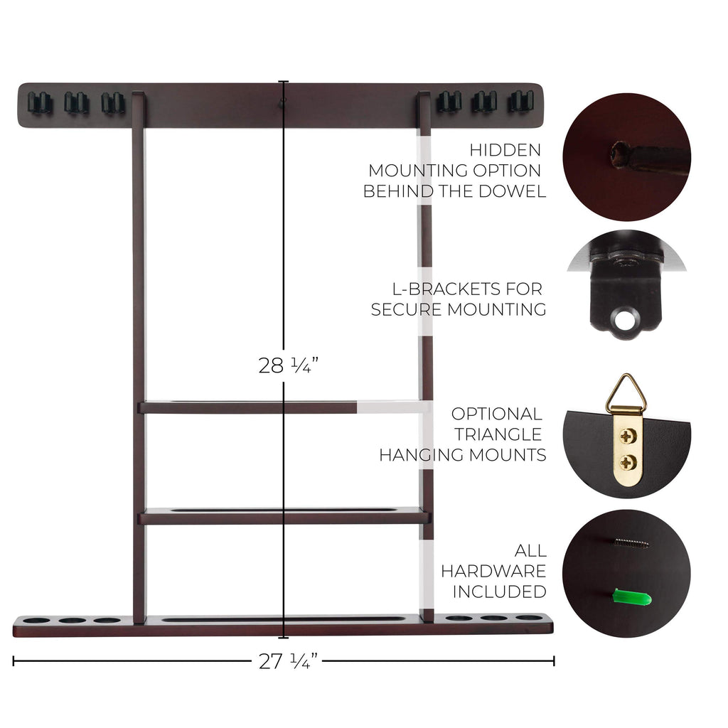 Pool Cue Rack - Pool Stick Holder Wall Mount With 16 Ball Holders & 6 Pack Of Chalk - Rubber Circle Pads & Large Clips Prevent D