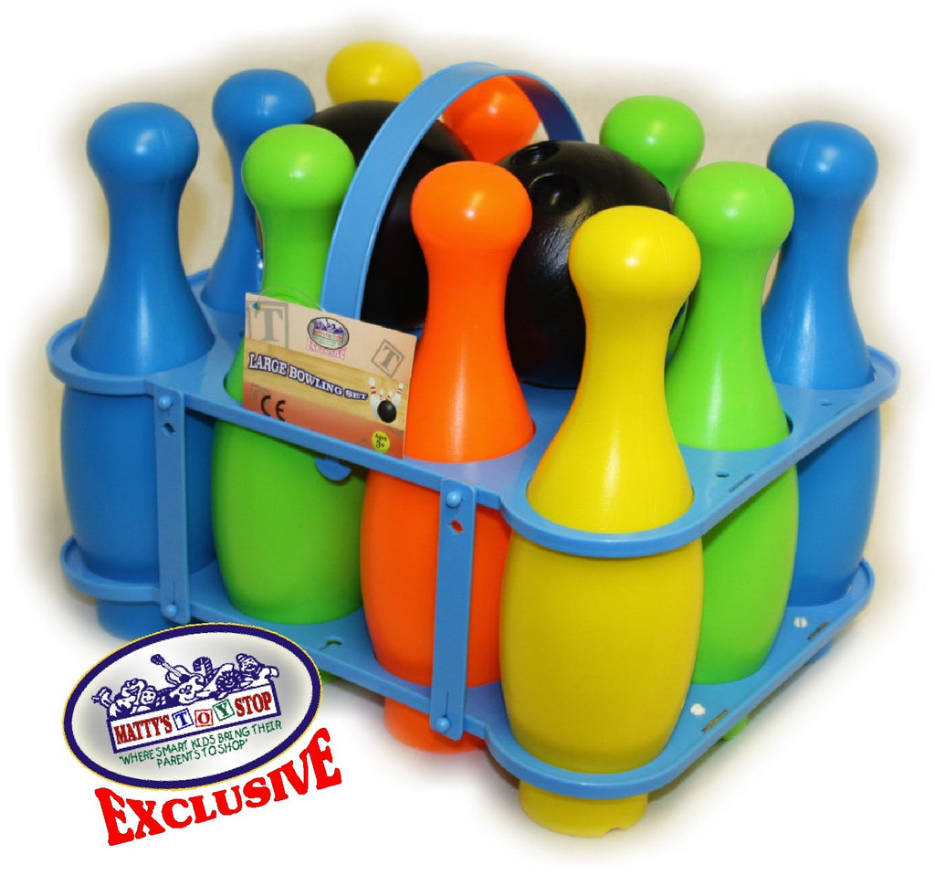 Matty'S Toy Stop 10 Pin Multi-Color Deluxe Plastic Bowling Set For Kids With Storage Rack - 12 Pieces Total (10 Pins & 2 Bowling