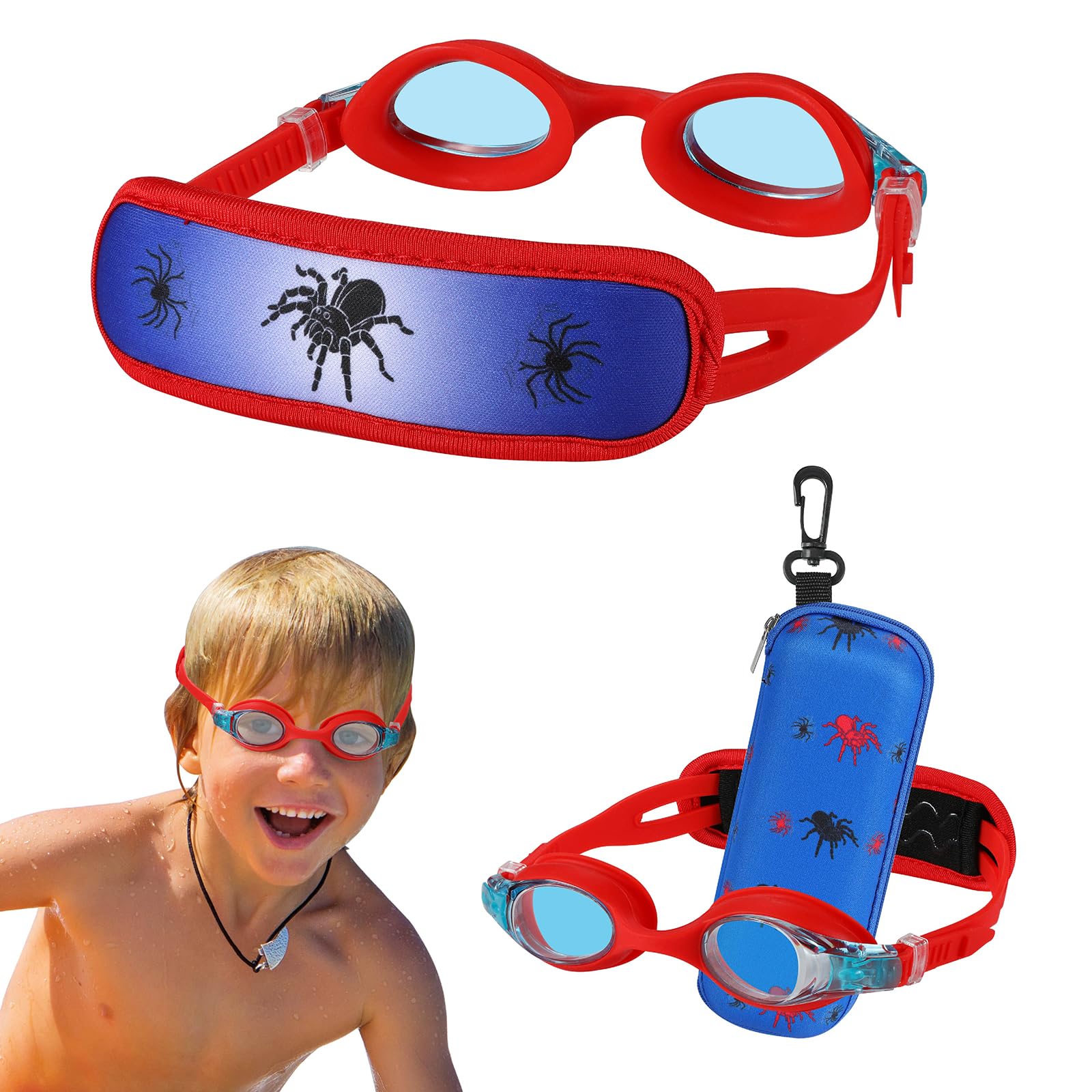 Hydrocomfy Toddler Swimming Goggles 3/4/5/6 Years Old, Kids Swim Goggles 4-7, Red/Blue Spider Goggles For Kids 3-6
