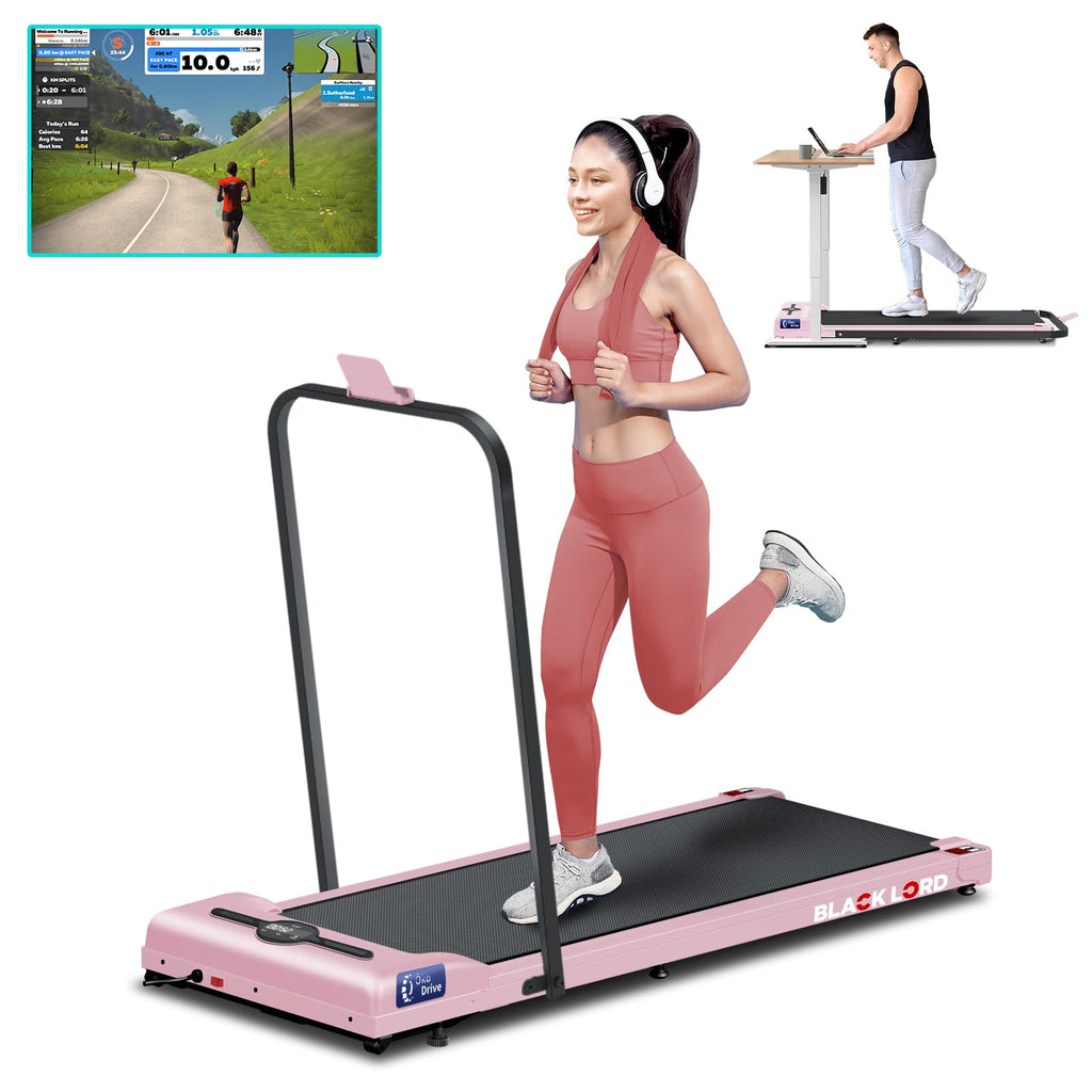Black Lord 4 In 1 Walking Pad With Handle Bar, 2.7 Hp Quiet Foldable Under Desk Treadmill W/Bluetooth Speaker, Small Portable Ru