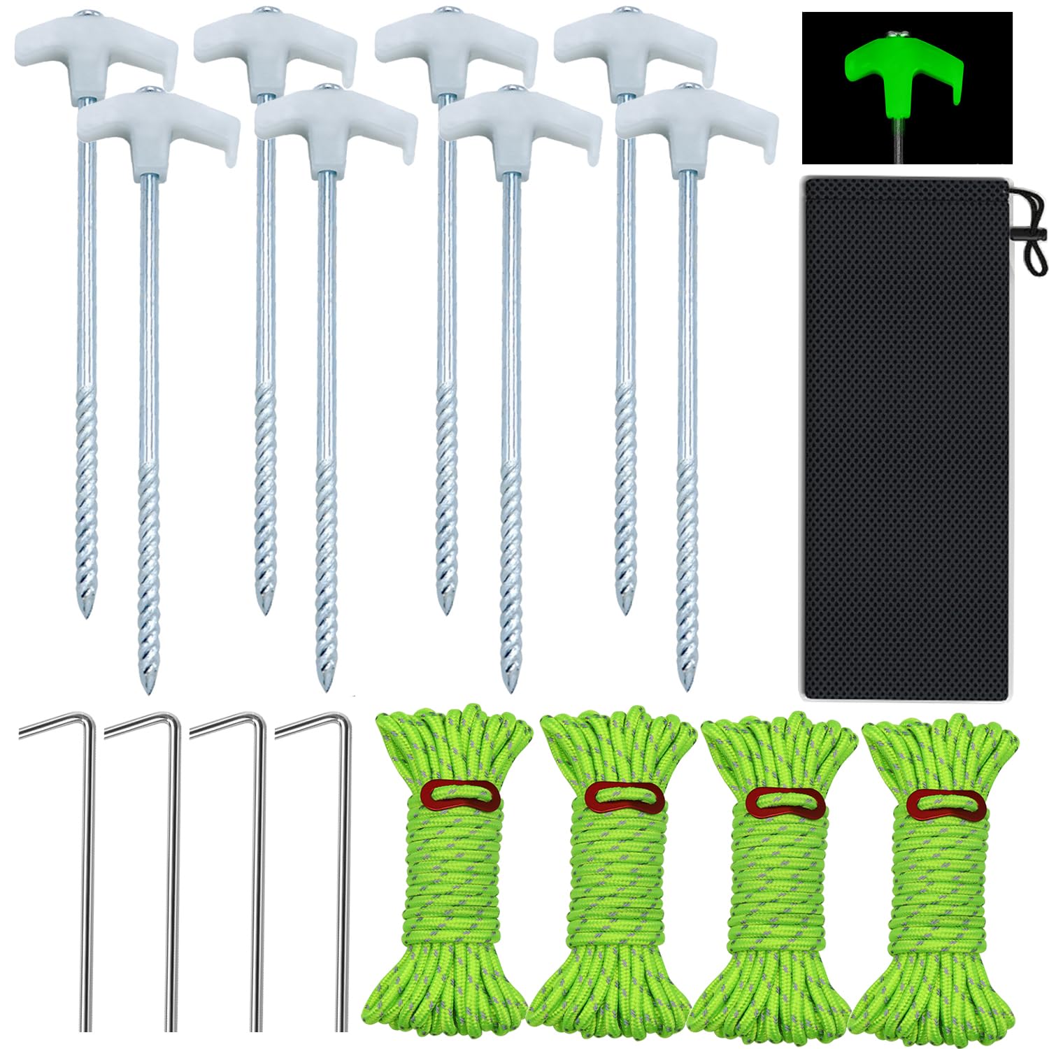 Tent Pile, 9.8 ''Heavy-Duty Luminous Canopy Camping Pop-Up Tent Pile, Rope Adjuster Storage Bag, Heavy-Duty Metal Pile For Garde