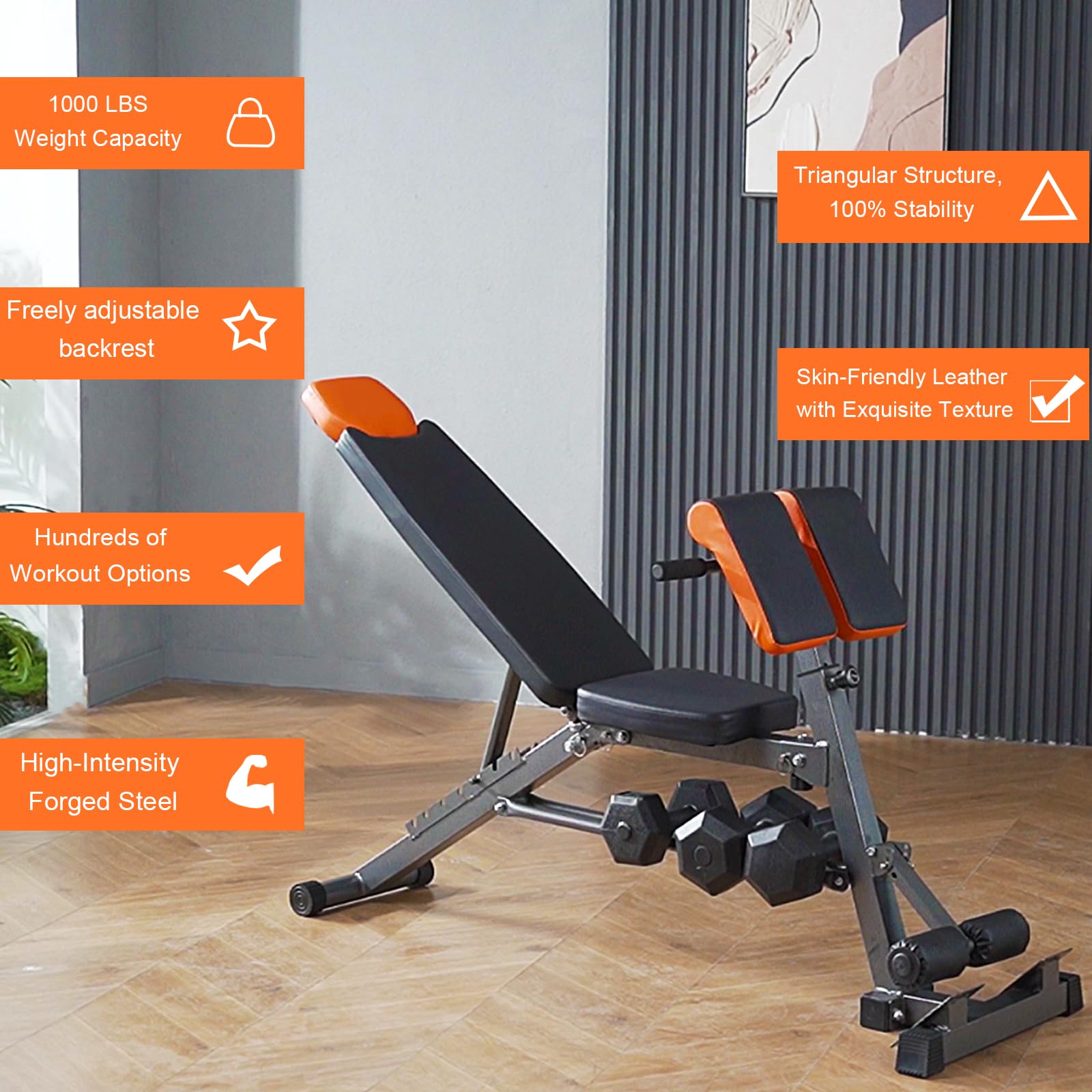 Fitks360 Adjustable Weight Bench 1000Lbs- Multi-Functional Full Body Workout Equipment: Hyperextension, Roman Chair, Sit-Up Benc