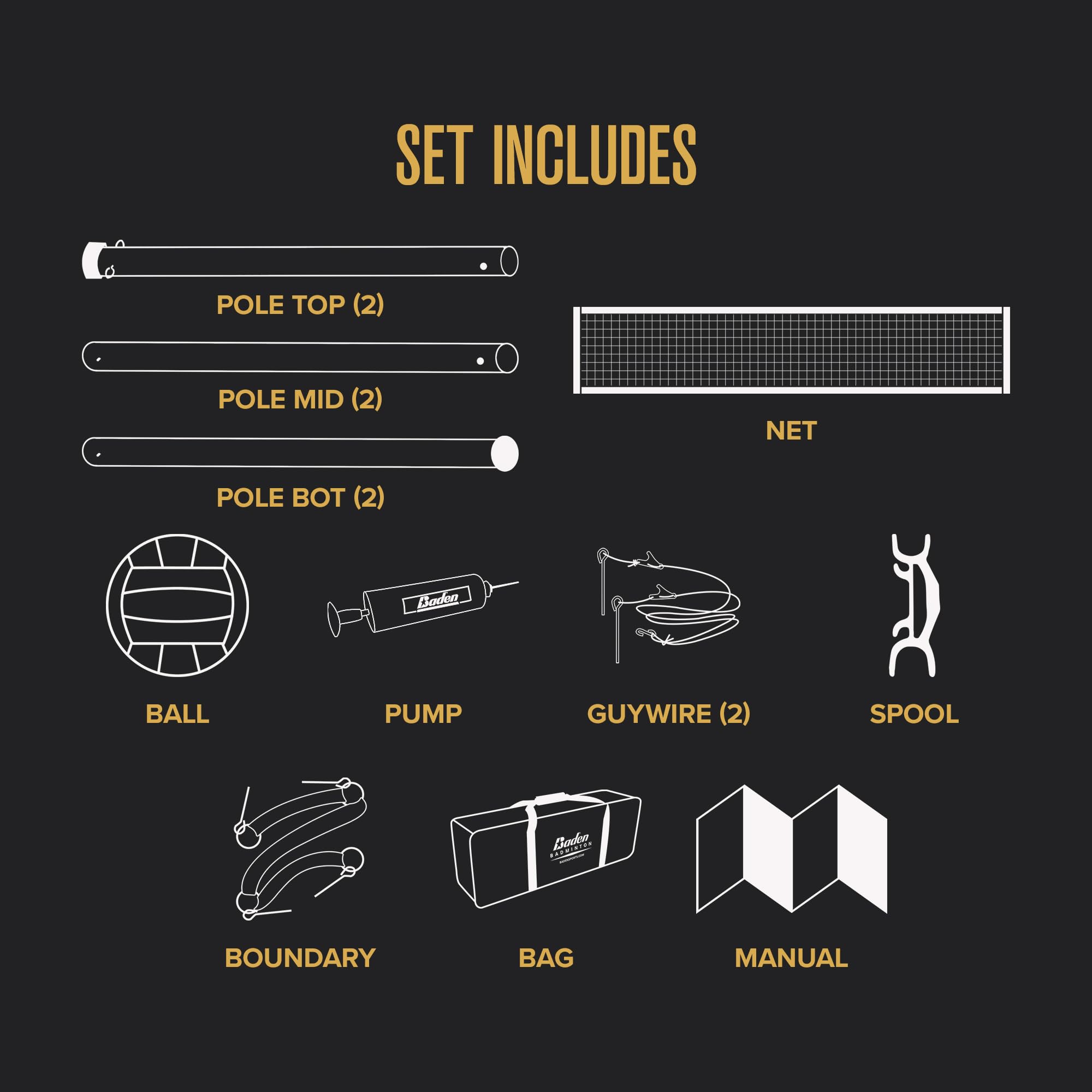 Baden Champions Volleyball Net Set Volleyball Bag, Adjustable Poles, Volleyball Ball & Pump, & Boundary Lines Portable Volleybal