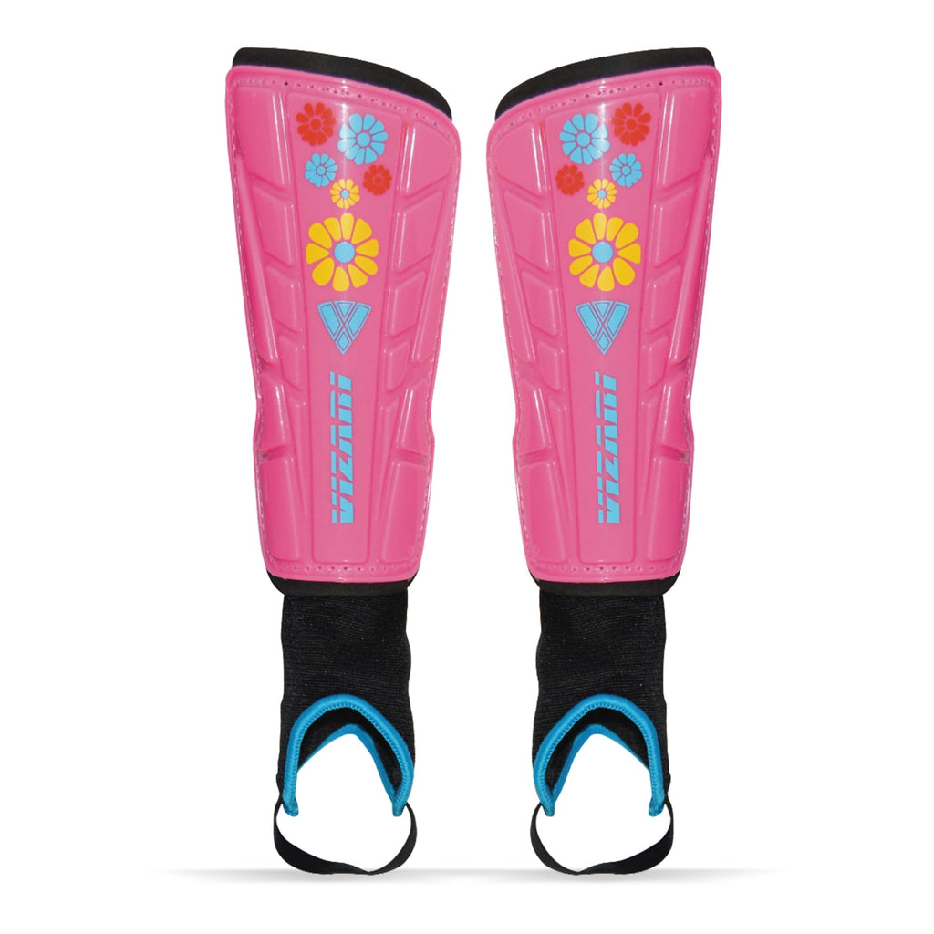 Vizari Blossom Kids Soccer Shin Guards For Girls - Pink/Blue, M | Dual-Layered Protection & Ventilated Football Shin Pads With A