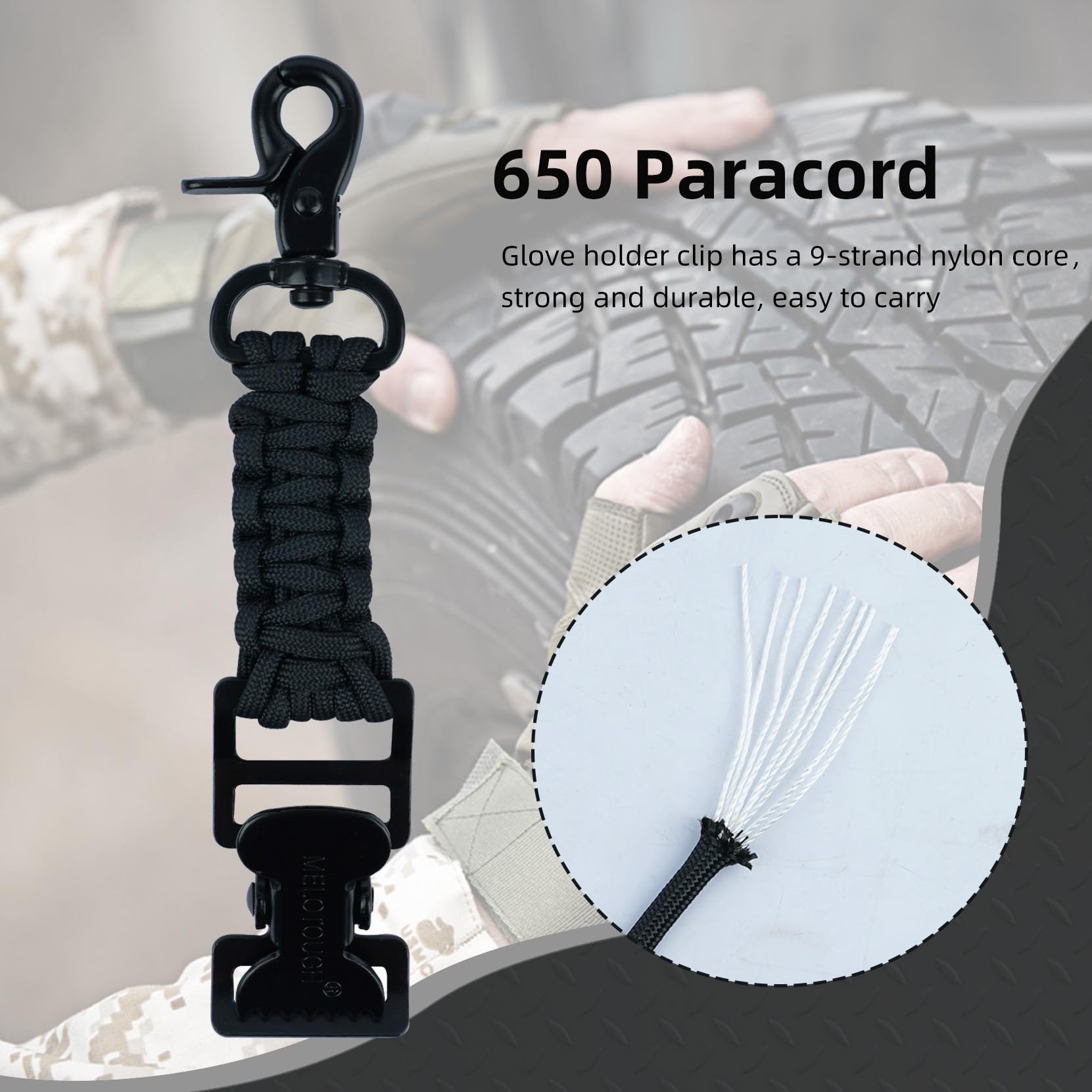 Melotough Tactical Glove Clip Braided Paracord Gloves Clips Holder For Hunting, Hiking, Camping, Outdoor Activities(Blk)