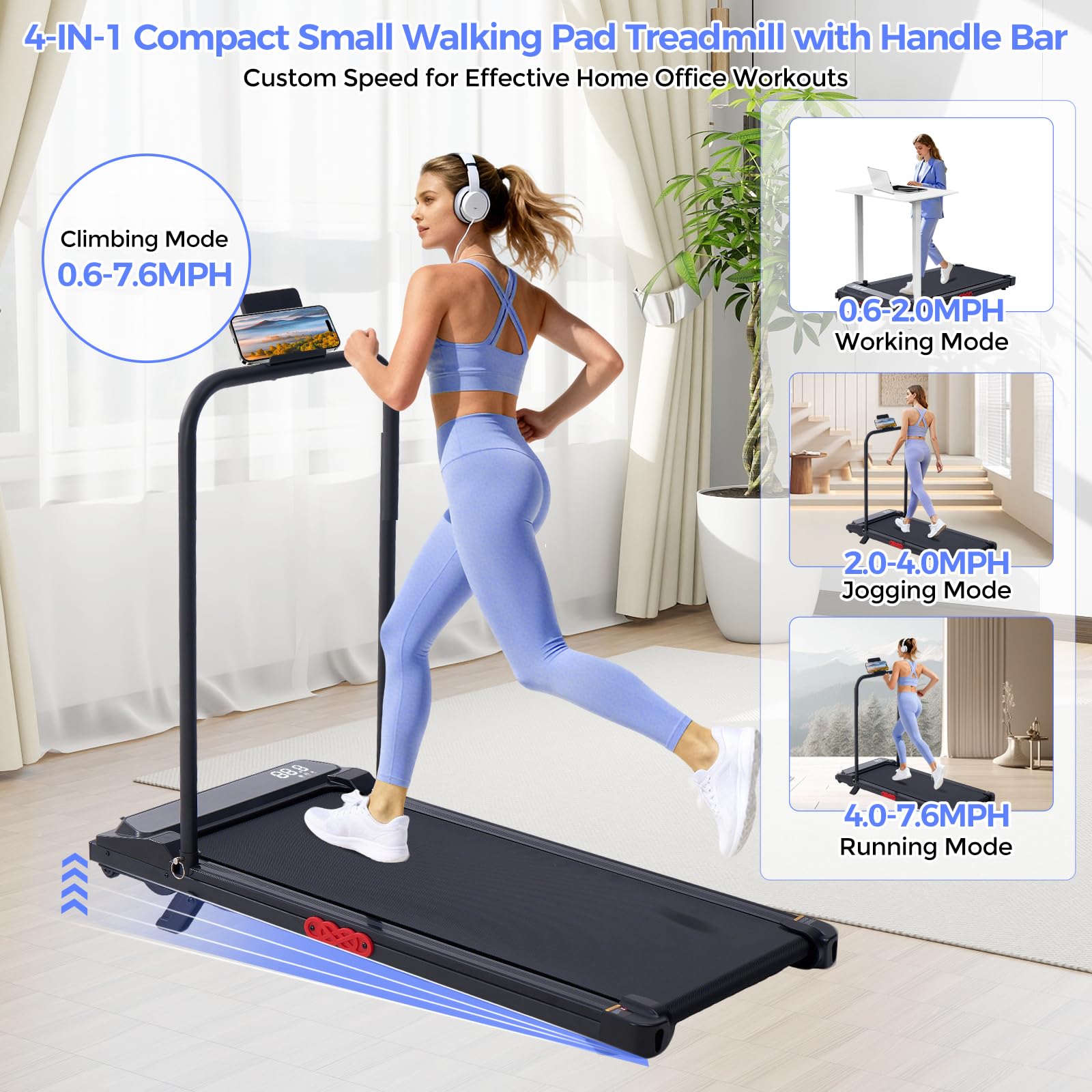 Electric Treadmills for Home with Incline, Walking Pad Treadmill with Handle Bar, 0.6-7.6MPH Portable Small Treadmills with Hand