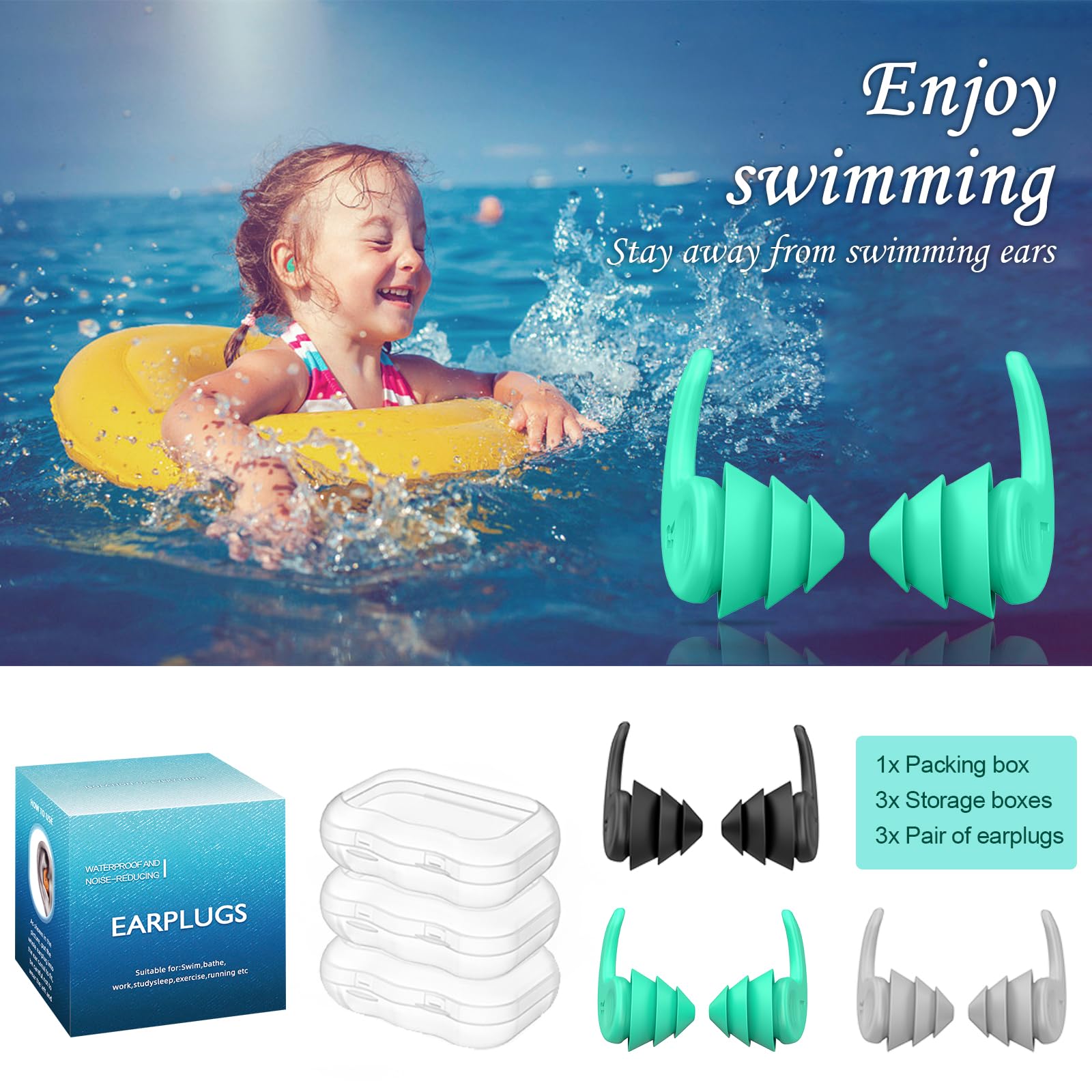 Kids Swimming Ear Plugs,3 Pairs Waterproof Reusable Silicone Child Swim Earplugs for Swimming Surfing Bathing Showering,Small Ch