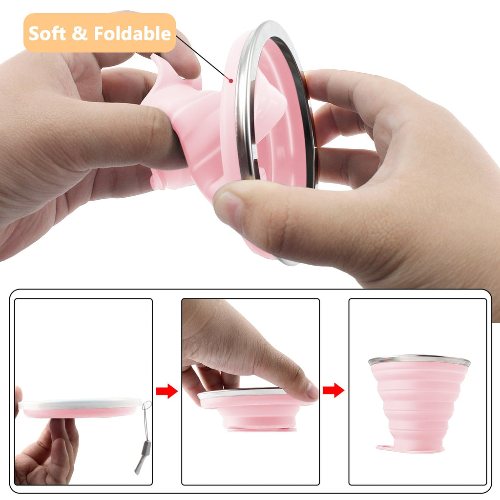 Litoexpe 2 Pack Silicone Collapsible Travel Cup Portable Folding Camping Cup Sets With Lids, Pink & Green, Capacity 9.22Oz (270M