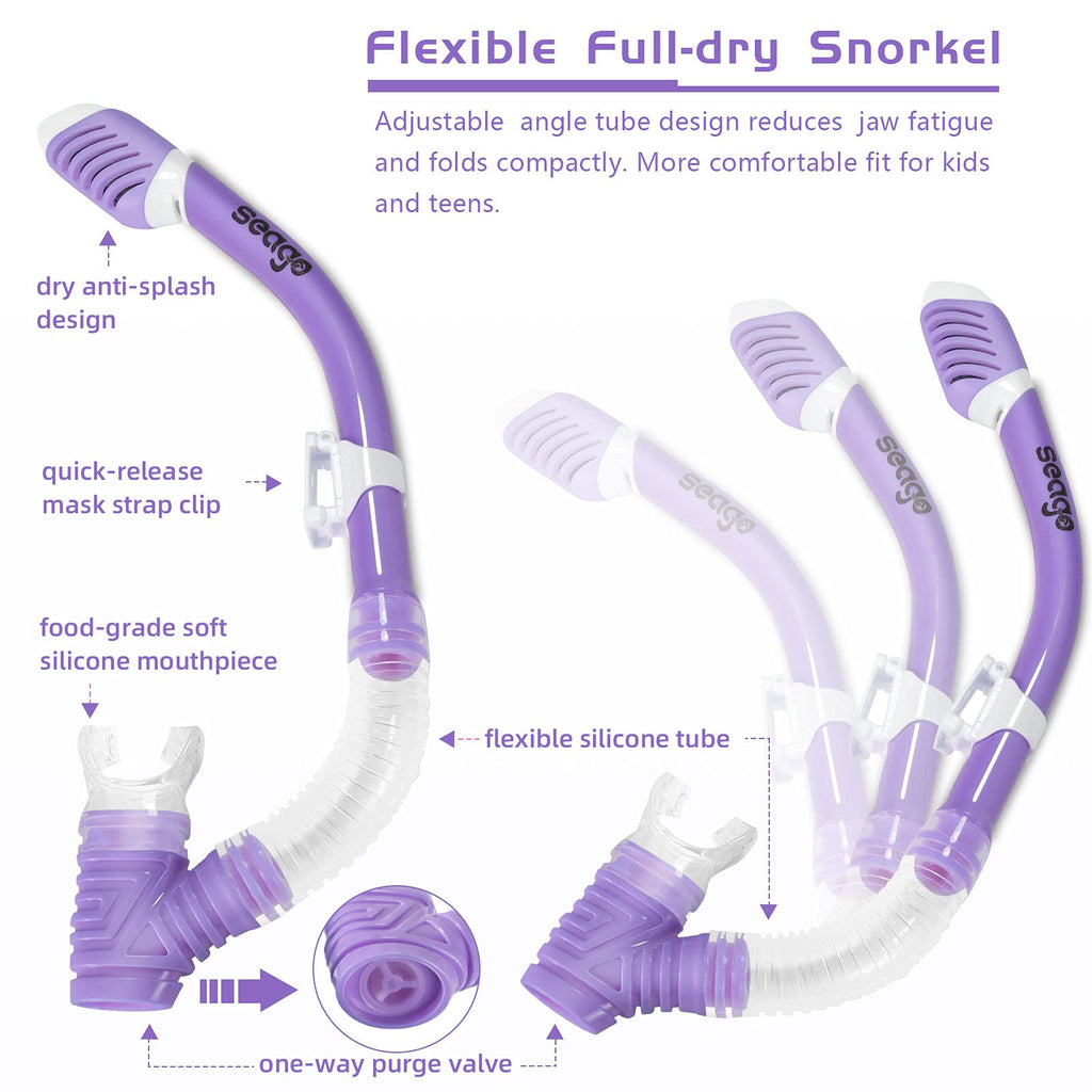 Seago Kids Snorkel Set Dry Top Snorkel Mask Snorkeling Gear For Kids Boys Girls Youth, No Leak Comfy Mouthpiece Anti-Fog 180? Pa