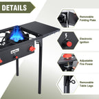 Bestfire 2 Burner Camping Stove With Auto Ignition Button,Side Shelves & Regulator150,000 Btu Gas Stove Propane Burner With Remo