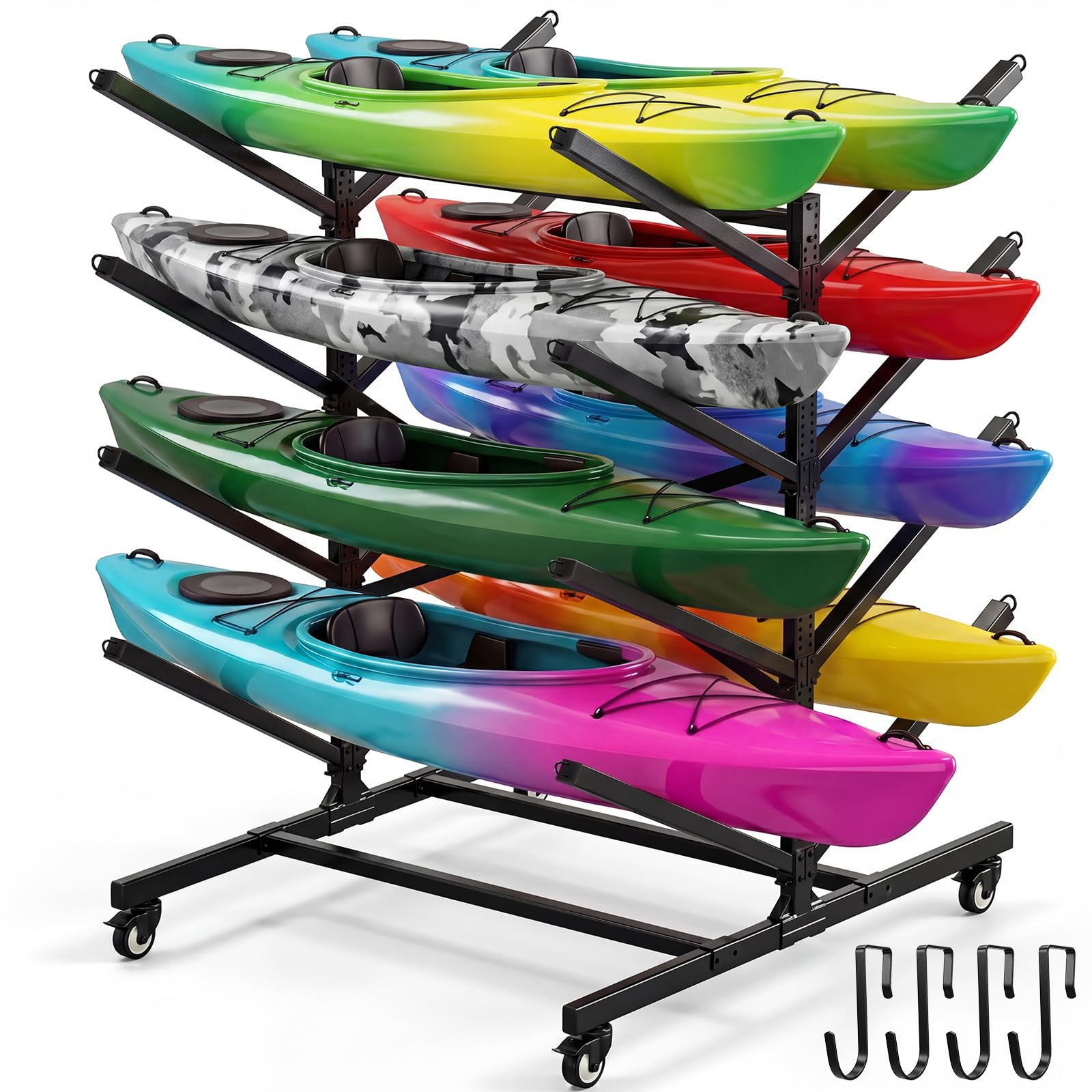 Ultrawesome 4-Tier Double-Sided Kayak Storage Rack with Wheels, Heavy Duty Freestanding Canoe Stand for 8 Kayaks, 600lbs Capacit