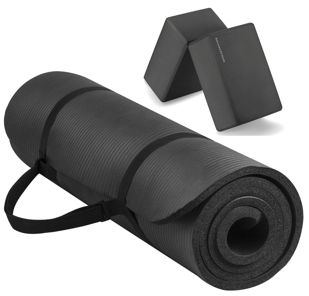 Balancefrom All-Purpose 1/2-Inch Extra Thick High Density Anti-Tear Exercise Yoga Mat With Carrying Strap And Yoga Blocks Black