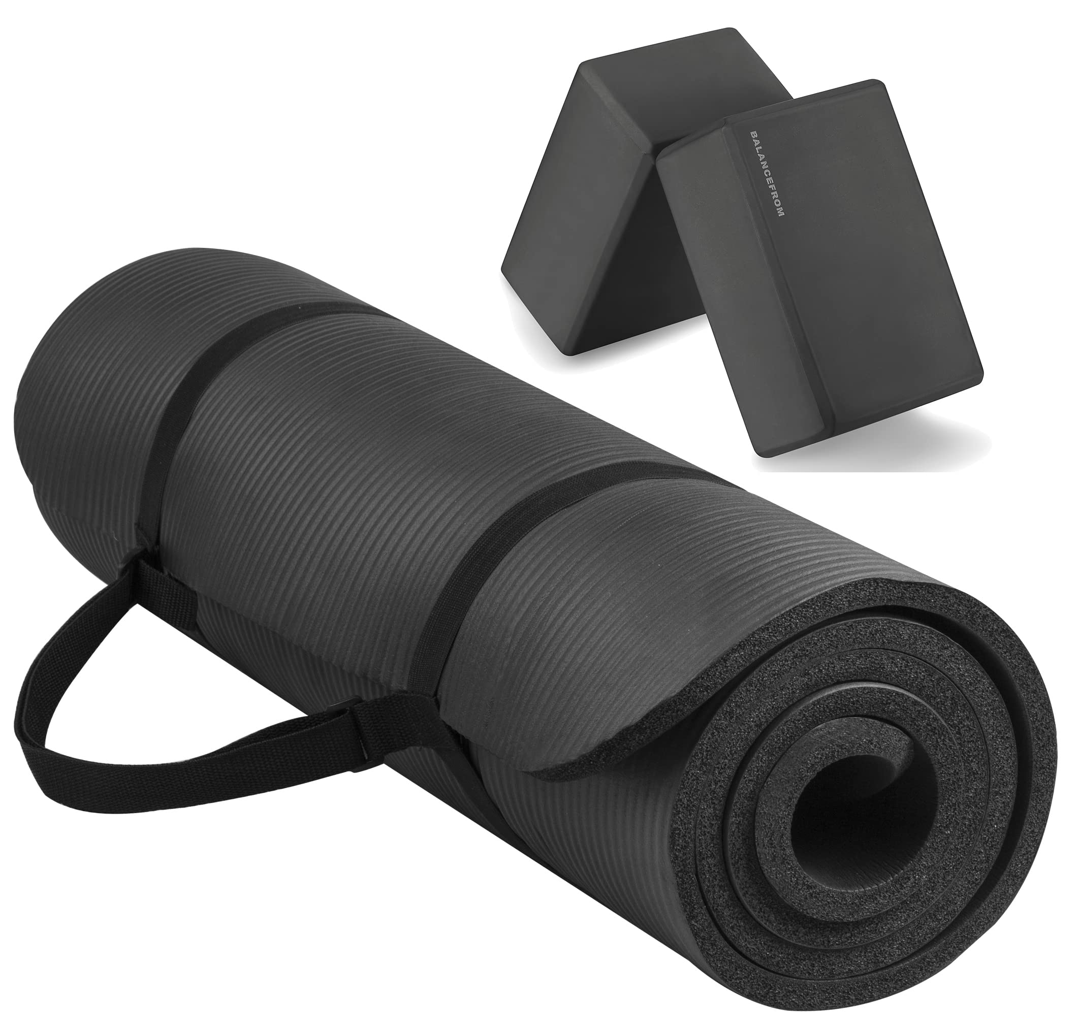 Balancefrom All-Purpose 1/2-Inch Extra Thick High Density Anti-Tear Exercise Yoga Mat With Carrying Strap And Yoga Blocks Black