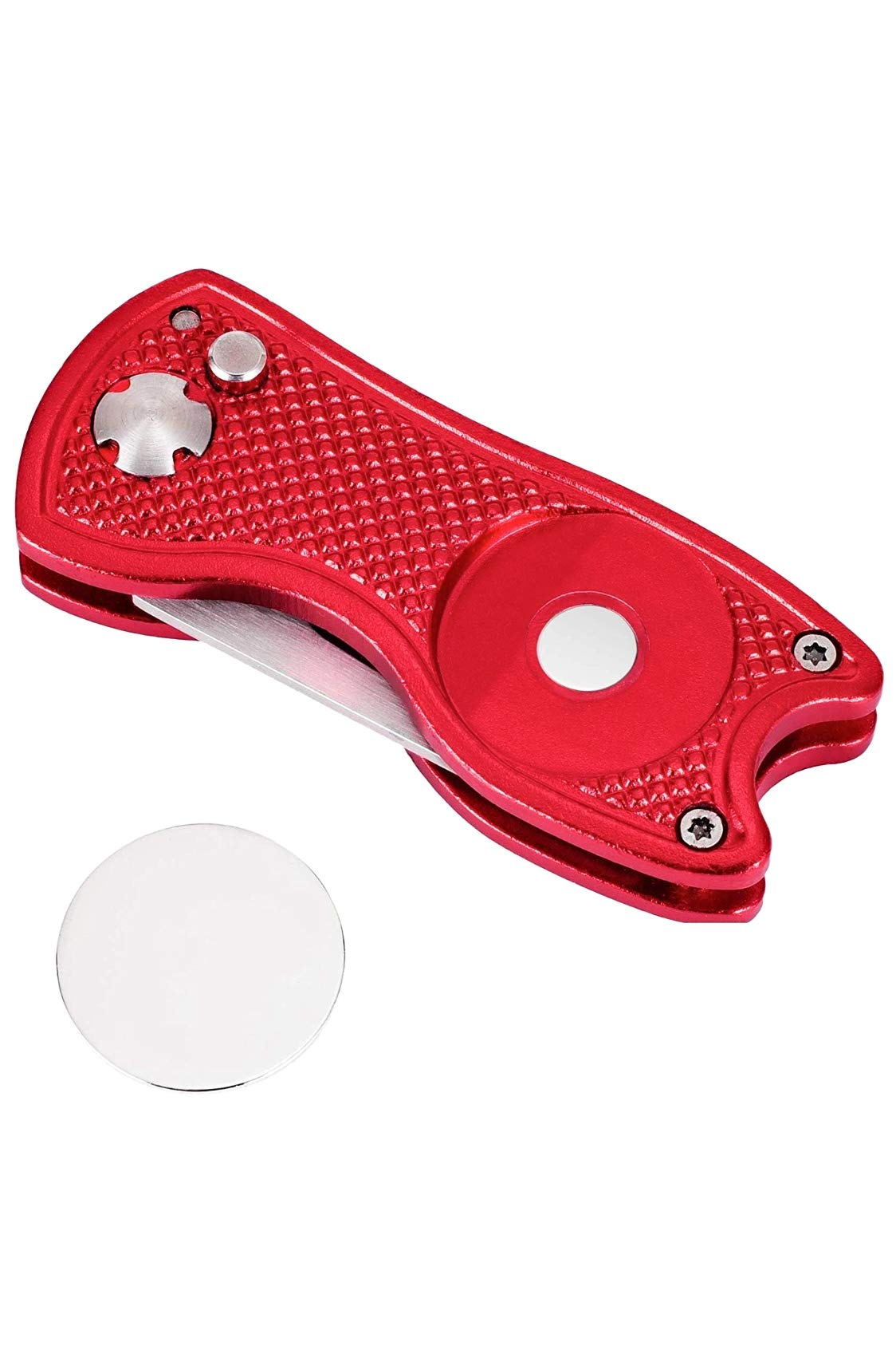 Mile High Life All Metal Foldable Golf Divot Tool With Pop-Up Button & Magnetic Ball Marker (Red Fish)