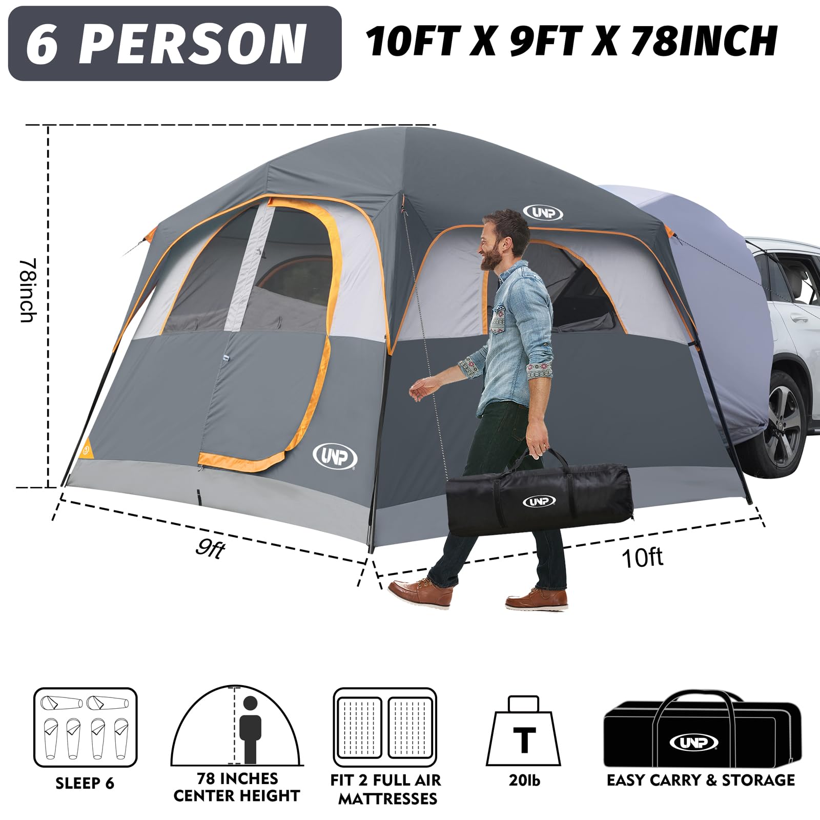 Unp Suv Tent For Camping, 6-Person Car Camping Tents, Suv Tailgate Tent For Outdoor, Easy Set Up With Rainfly 10'X9'X78In(H) (Gr
