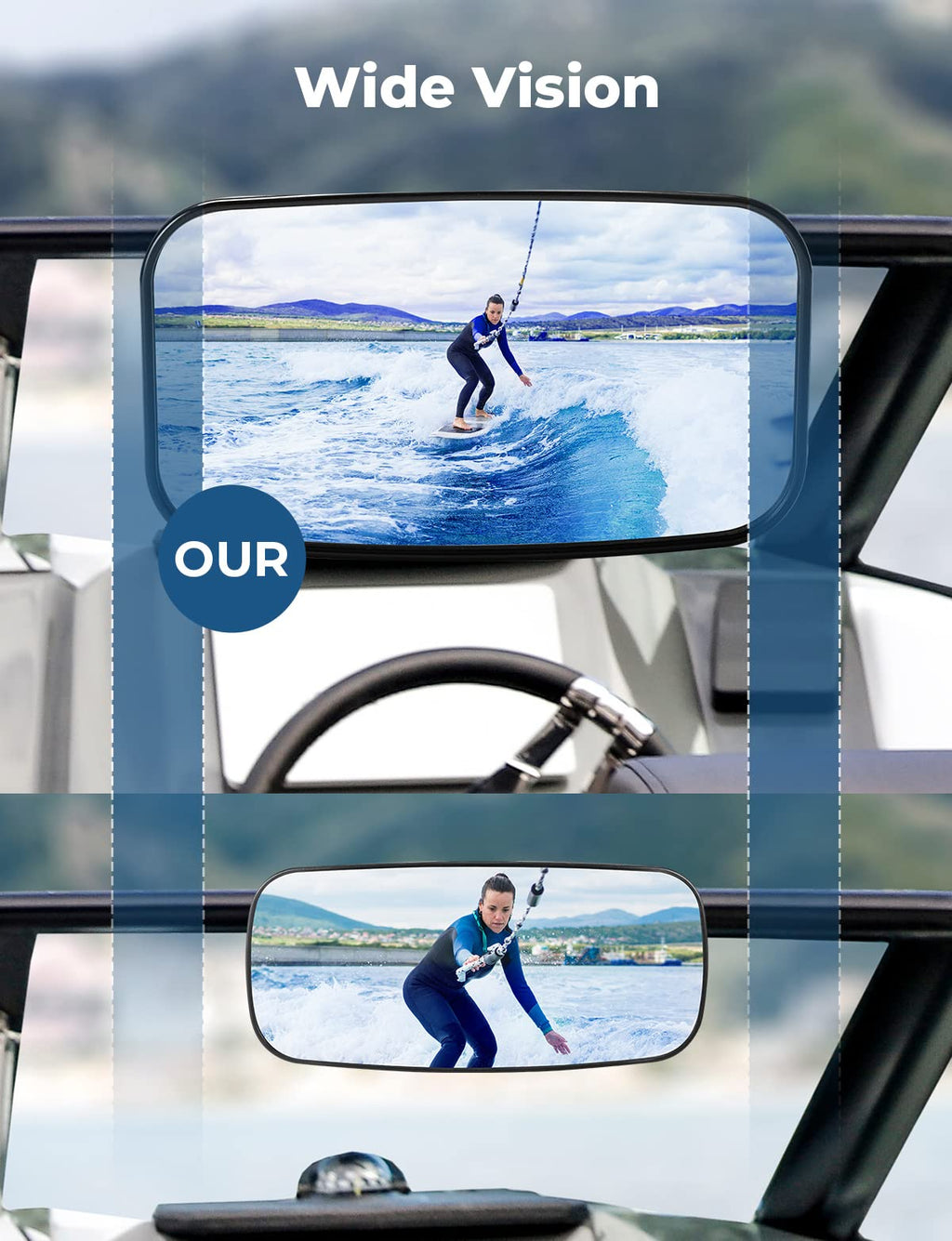 Kemimoto Boat Mirror, 8 In X 4 In Upgraded Universal Boat Rear View Mirror, Marine Mirror For Ski Boats Pontoon Boat Water Skiin